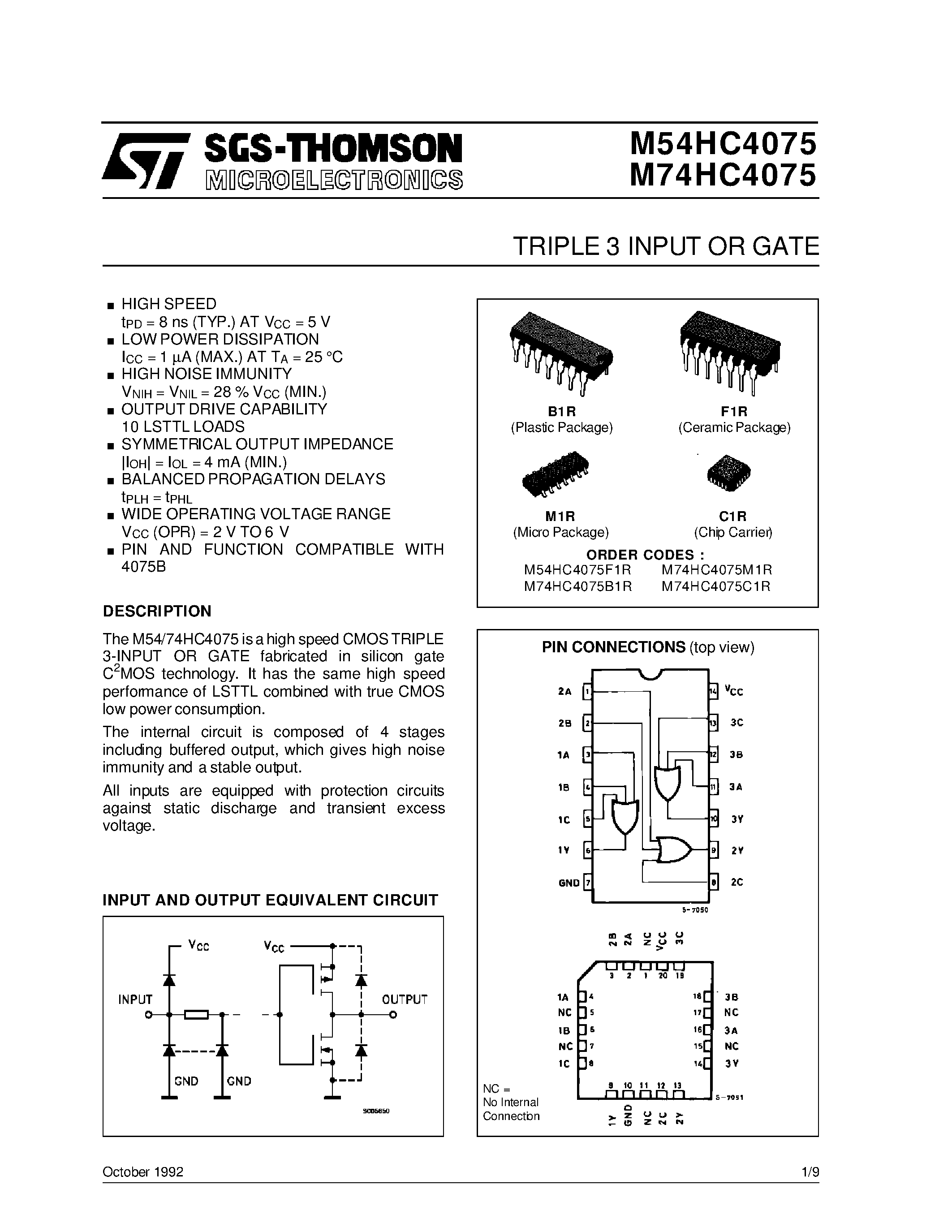 Datasheet M54HC4075F1R - TRIPLE 3 INPUT OR GATE page 1