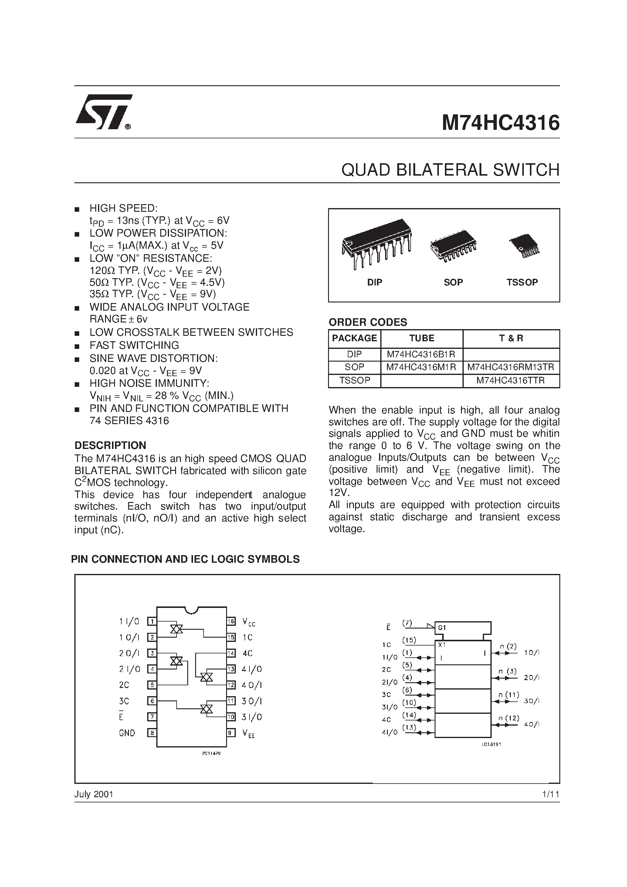 Datasheet M54HC4316F1R page 1 Datasheet M54HC4316F1R - QUAD BILATERAL SWITCH page 1