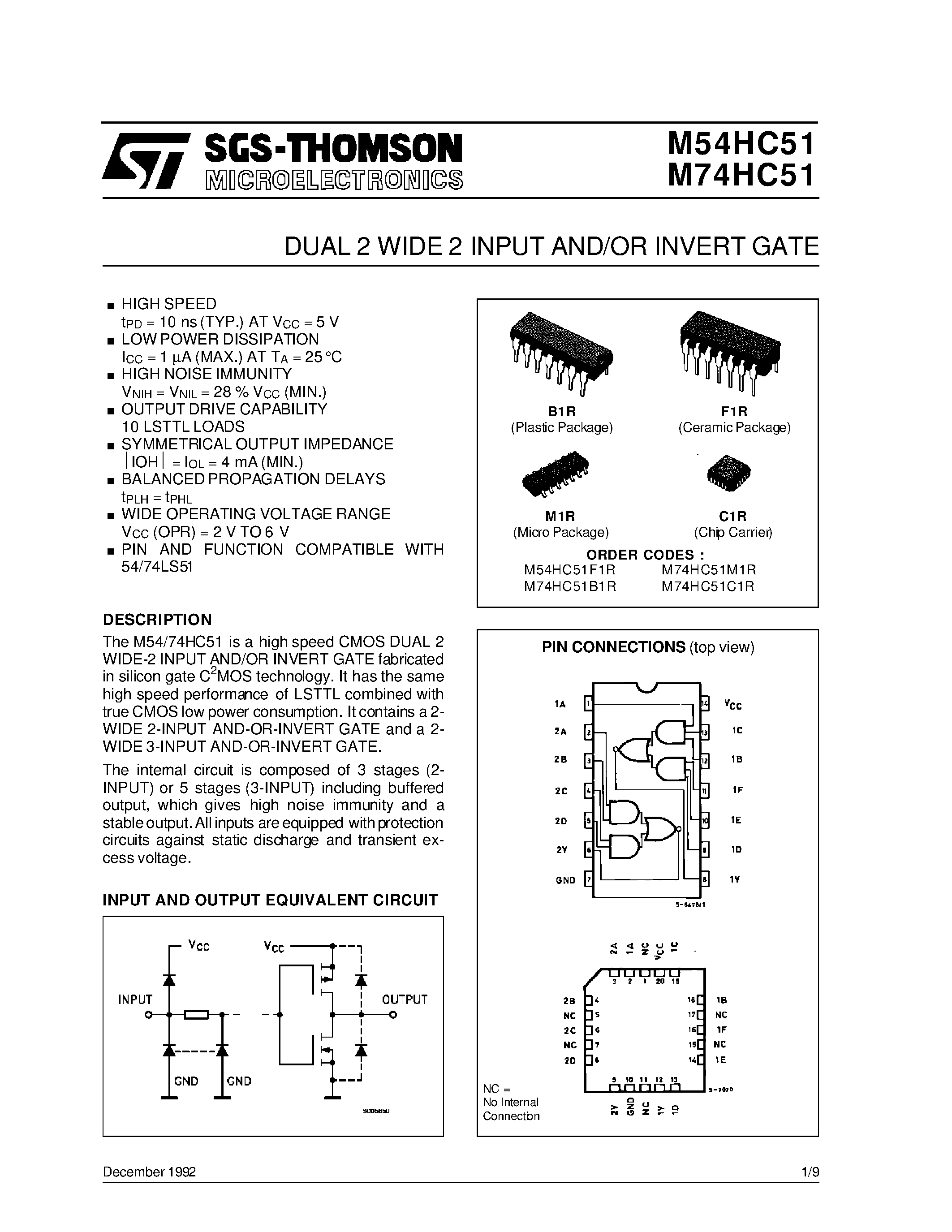 Datasheet M54HC51F1R page 1 Datasheet M54HC51F1R - DUAL 2 WIDE 2 INPUT AND/OR INVERT GATE page 1