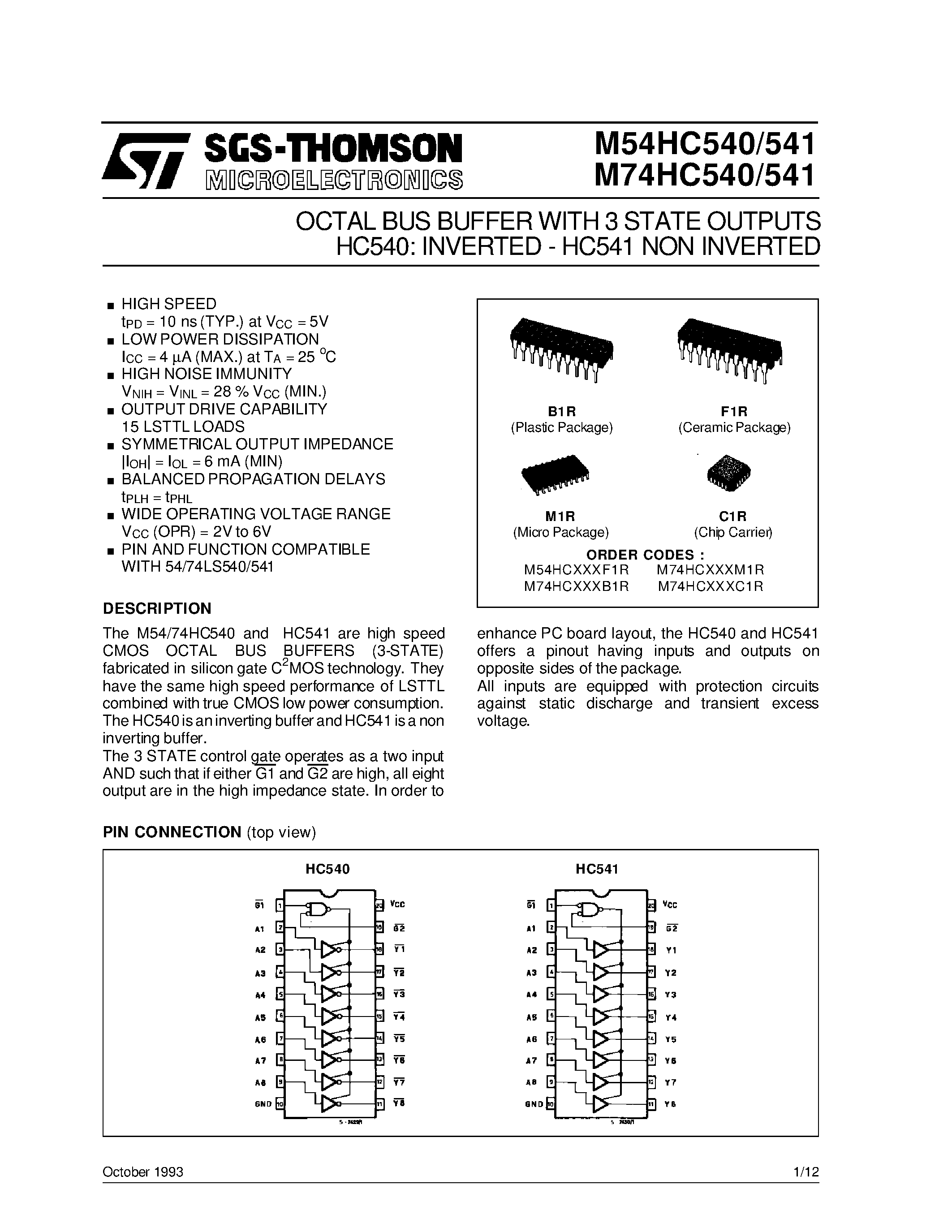 Datasheet M54HC540 - OCTAL BUS BUFFER WITH 3 STATE OUTPUTS HC540: INVERTED - HC541 NON INVERTED page 1