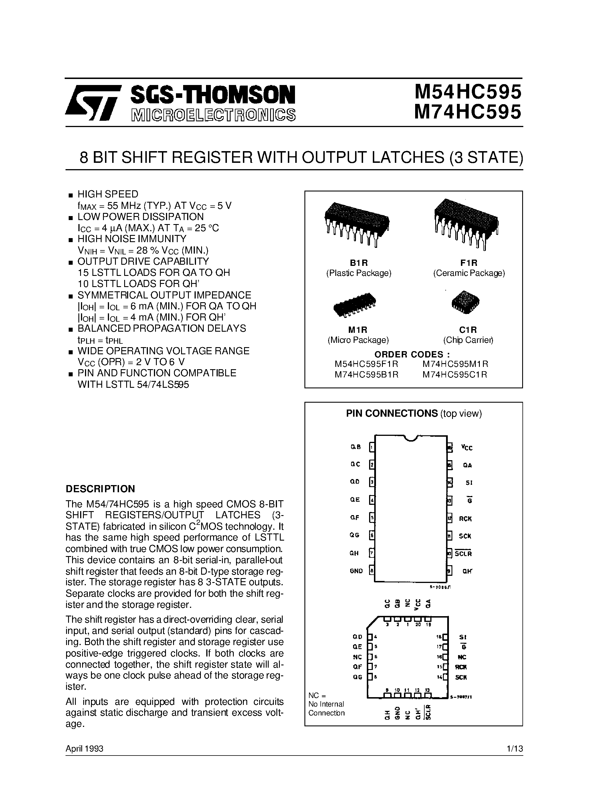 Datasheet M54HC595F1R - 8 BIT SHIFT REGISTER WITH OUTPUT LATCHES 3 STATE page 1