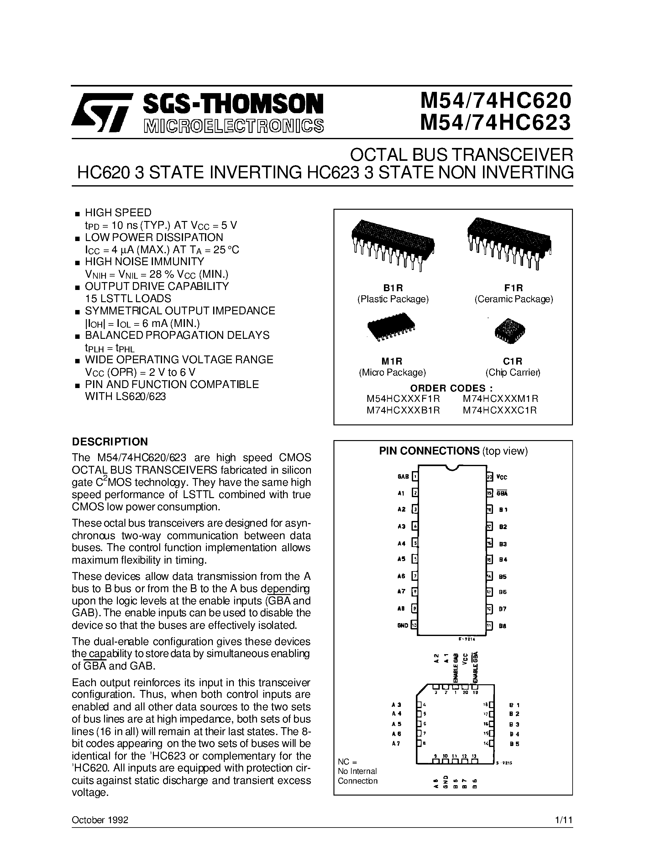 Datasheet M54HC623 - OCTAL BUS TRANSCEIVER HC620 3 STATE INVERTING HC623 3 STATE NON INVERTING page 1