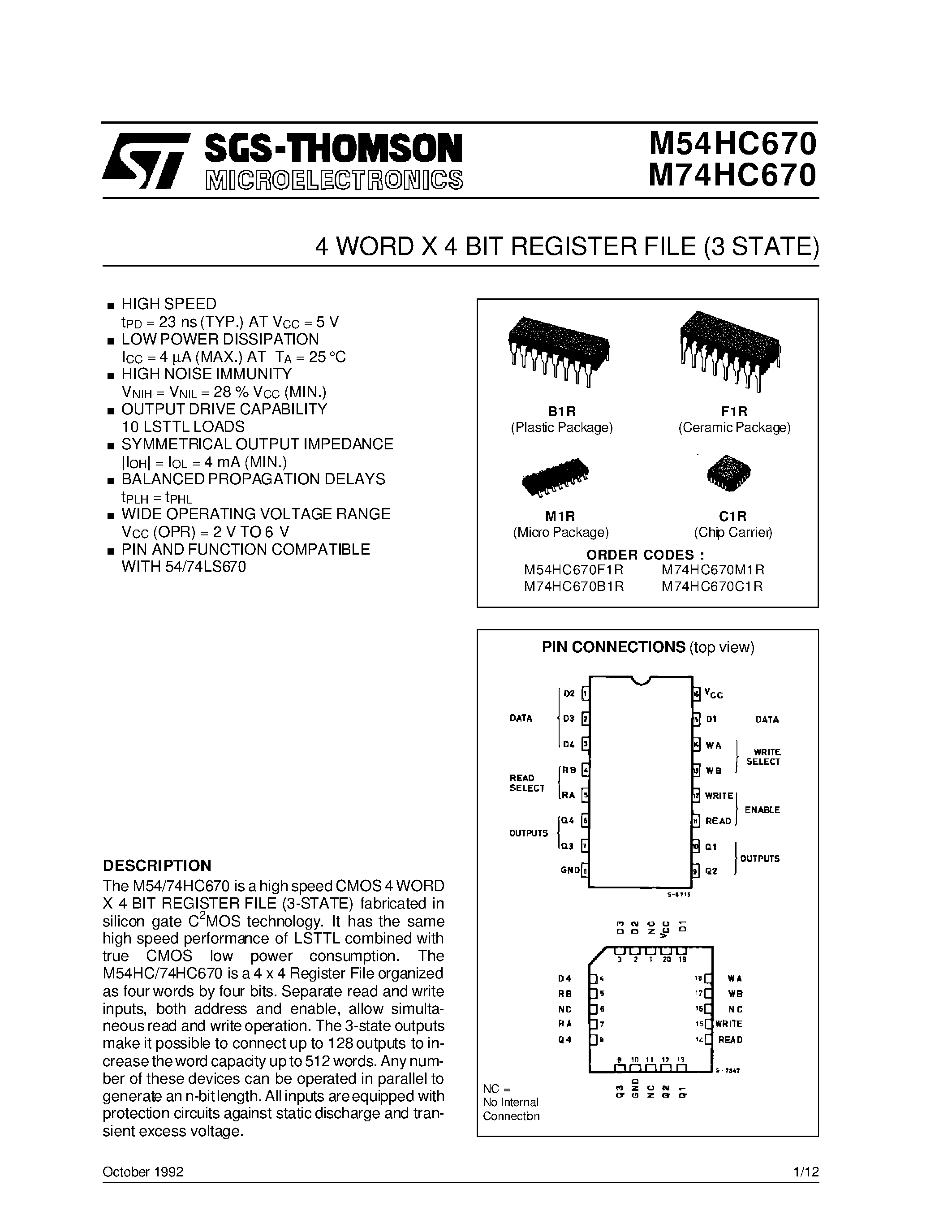 Datasheet M54HC670 page 1 Datasheet M54HC670 - 4 WORD X 4 BIT REGISTER FILE 3 STATE page 1