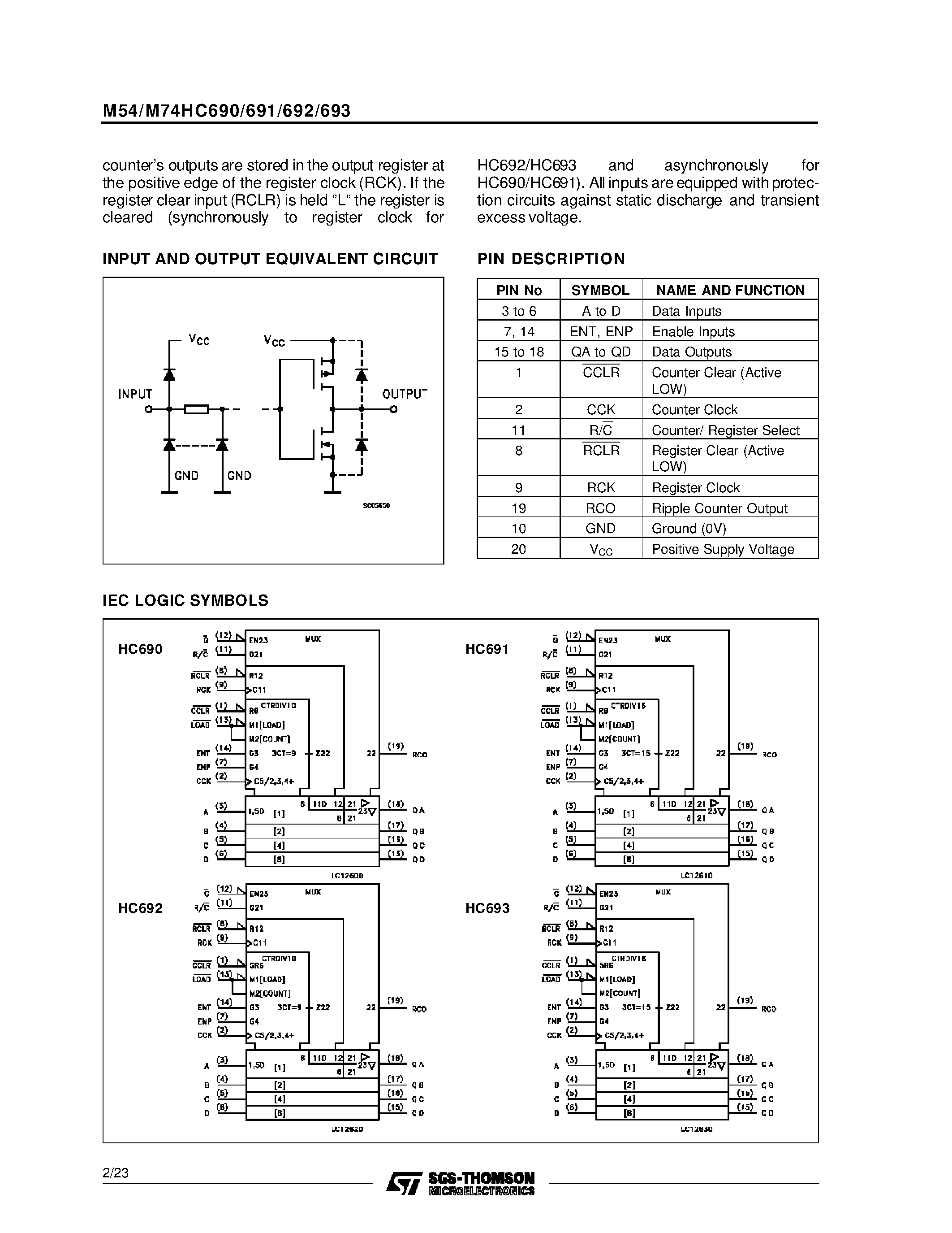 Datasheet M54HC690 - HC691/693 4 BIT BINARY COUNTER/REGISTER 3-STATE HC690/692 DECADE COUNTER/REGISTER 3-STATE page 2