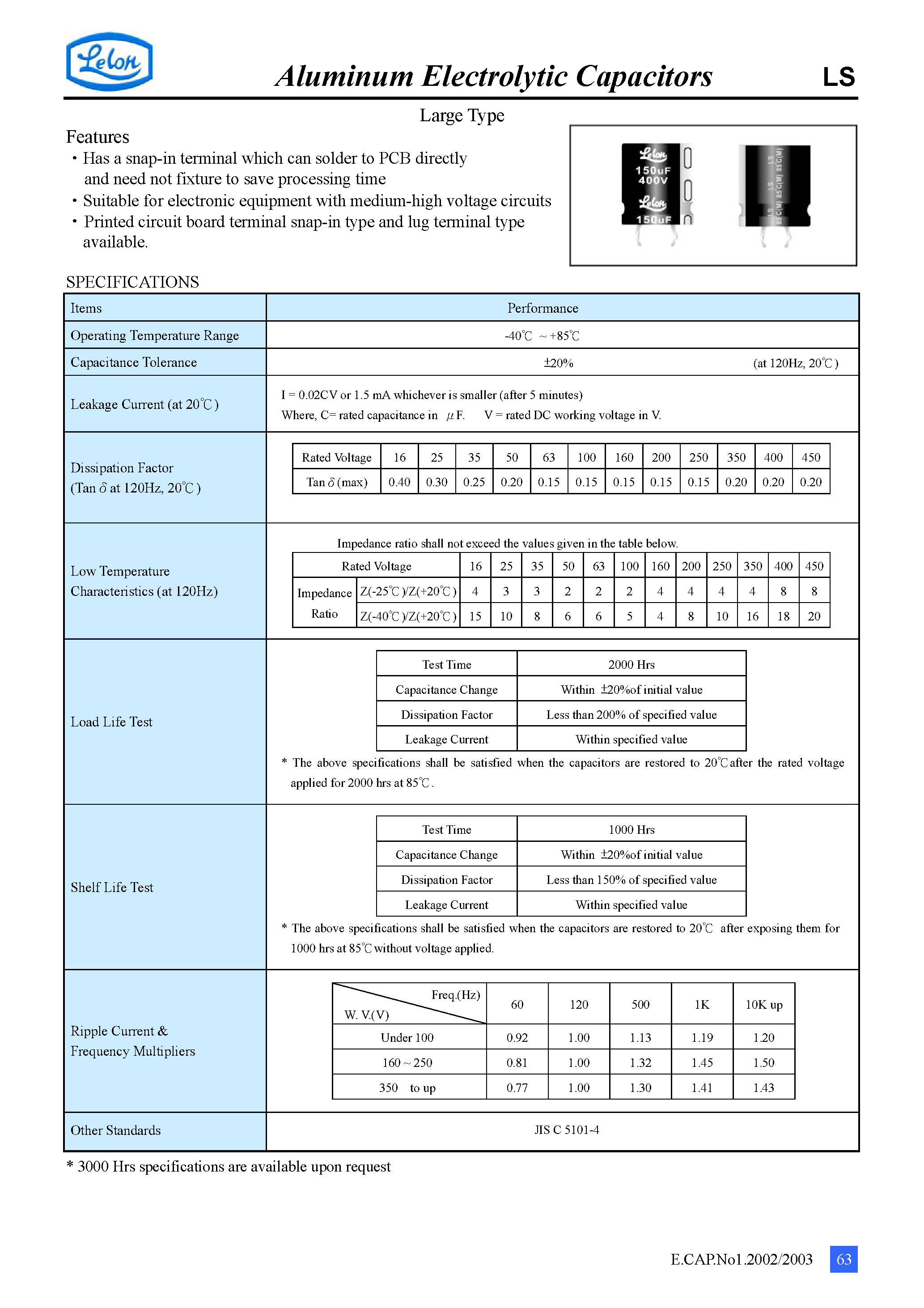 Datasheet LS223M - Aluminum Electrilytic Capacitors page 1