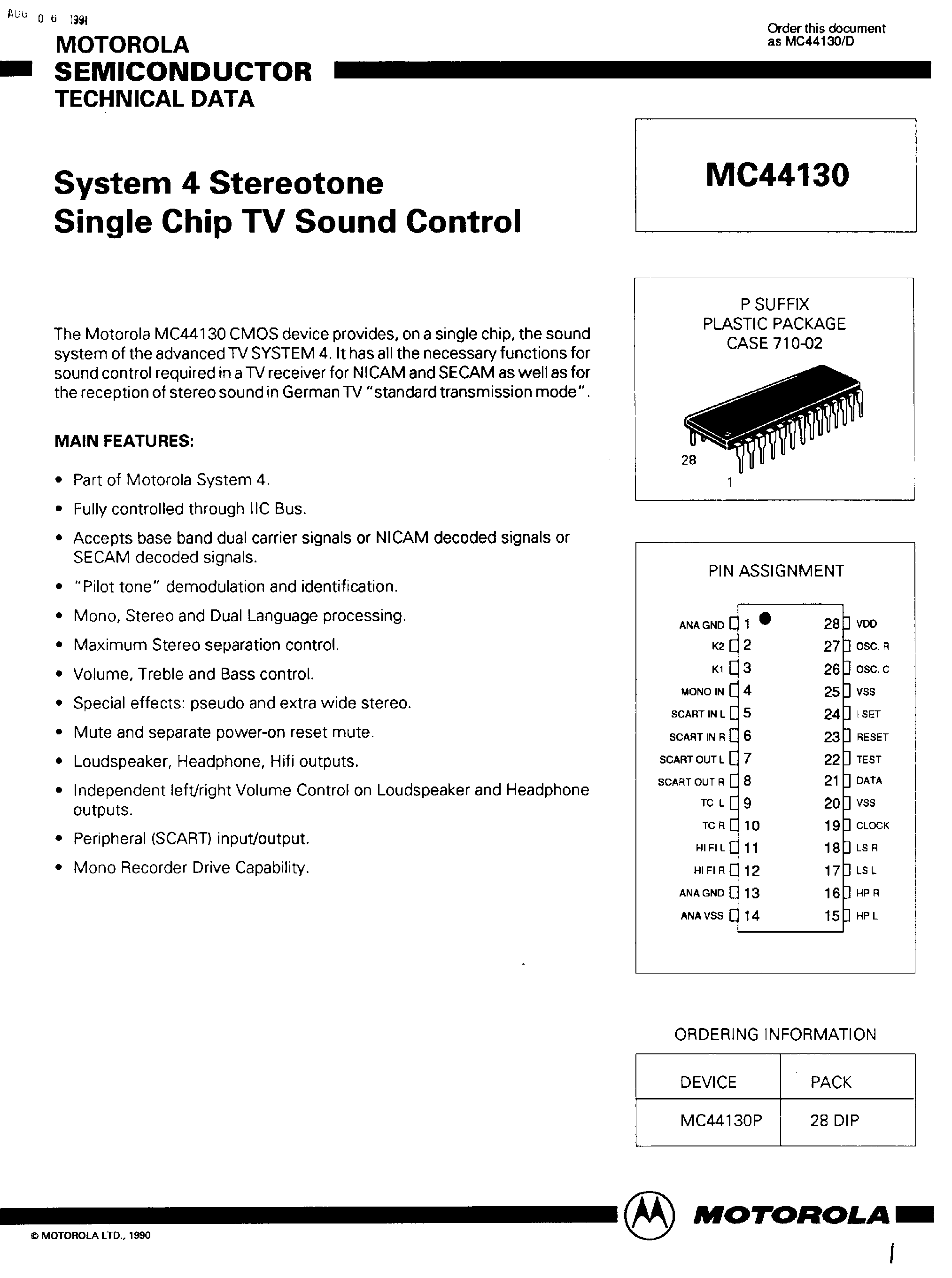 Datasheet MC44130P page 1 Datasheet MC44130P - System 4 Stereotone Single Chip TV Sound Control page 1