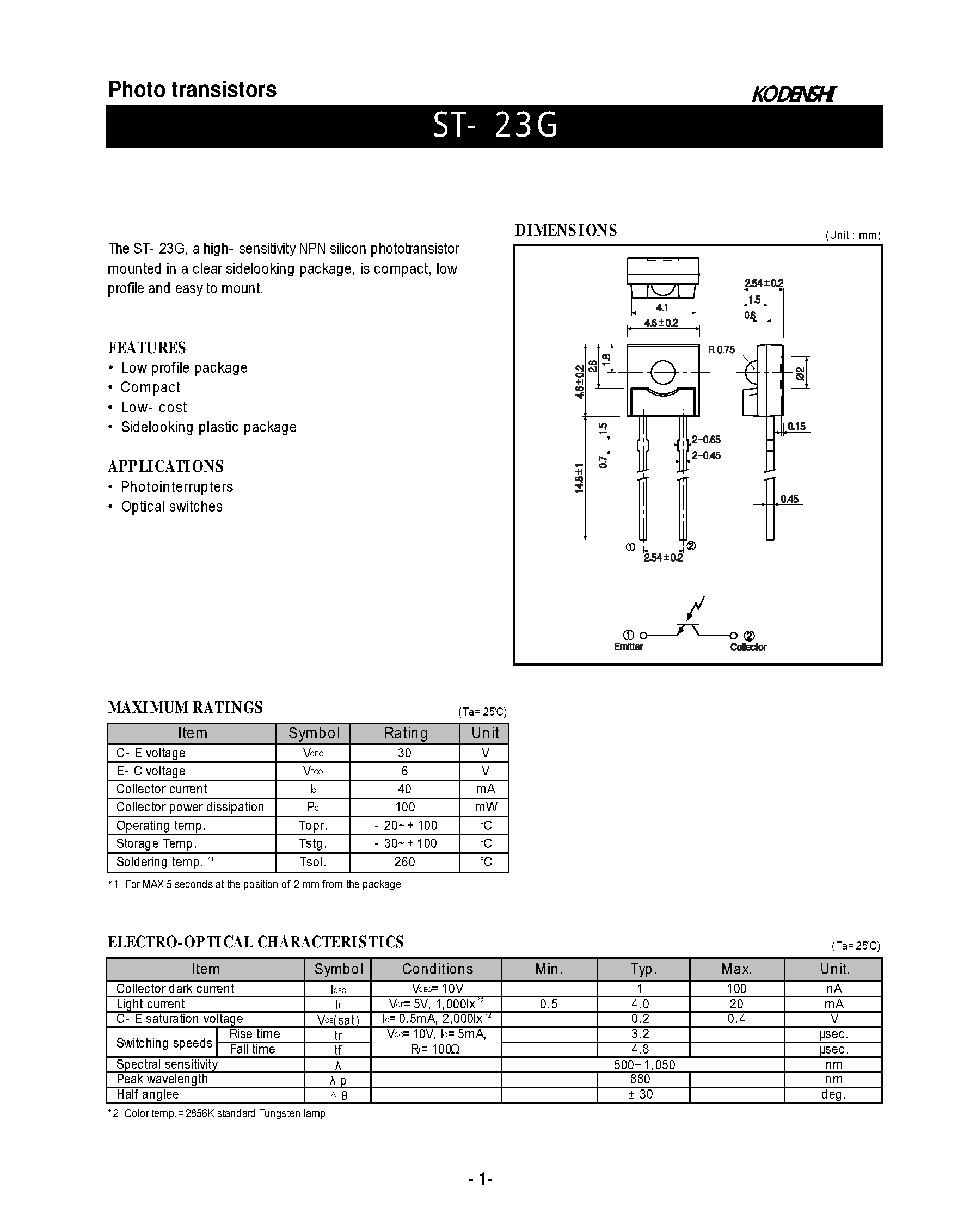 Datasheet ST-23G - PHOTO TRANSISTORS page 1