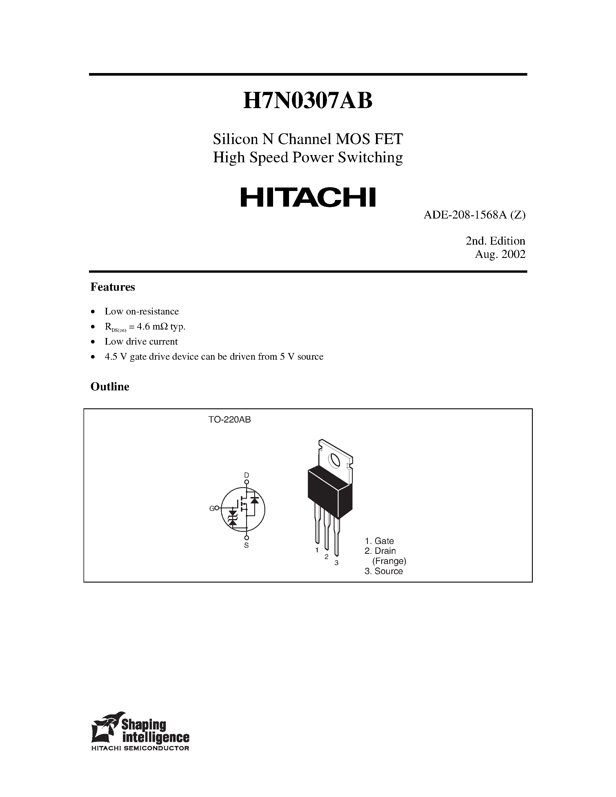 Datasheet H7N0307AB - Silicon N Channel MOS FET High Speed Power Switching page 1