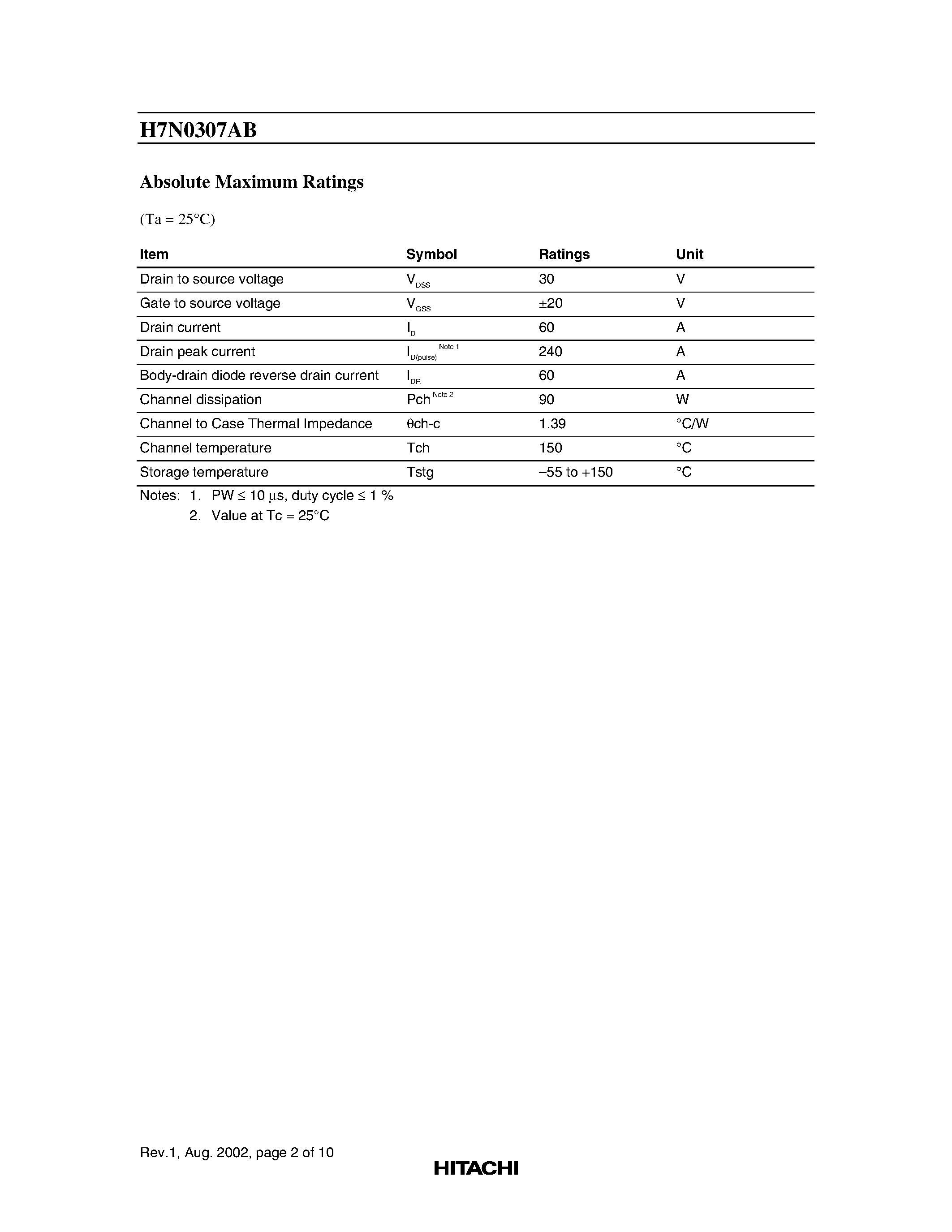 Datasheet H7N0307AB - Silicon N Channel MOS FET High Speed Power Switching page 2