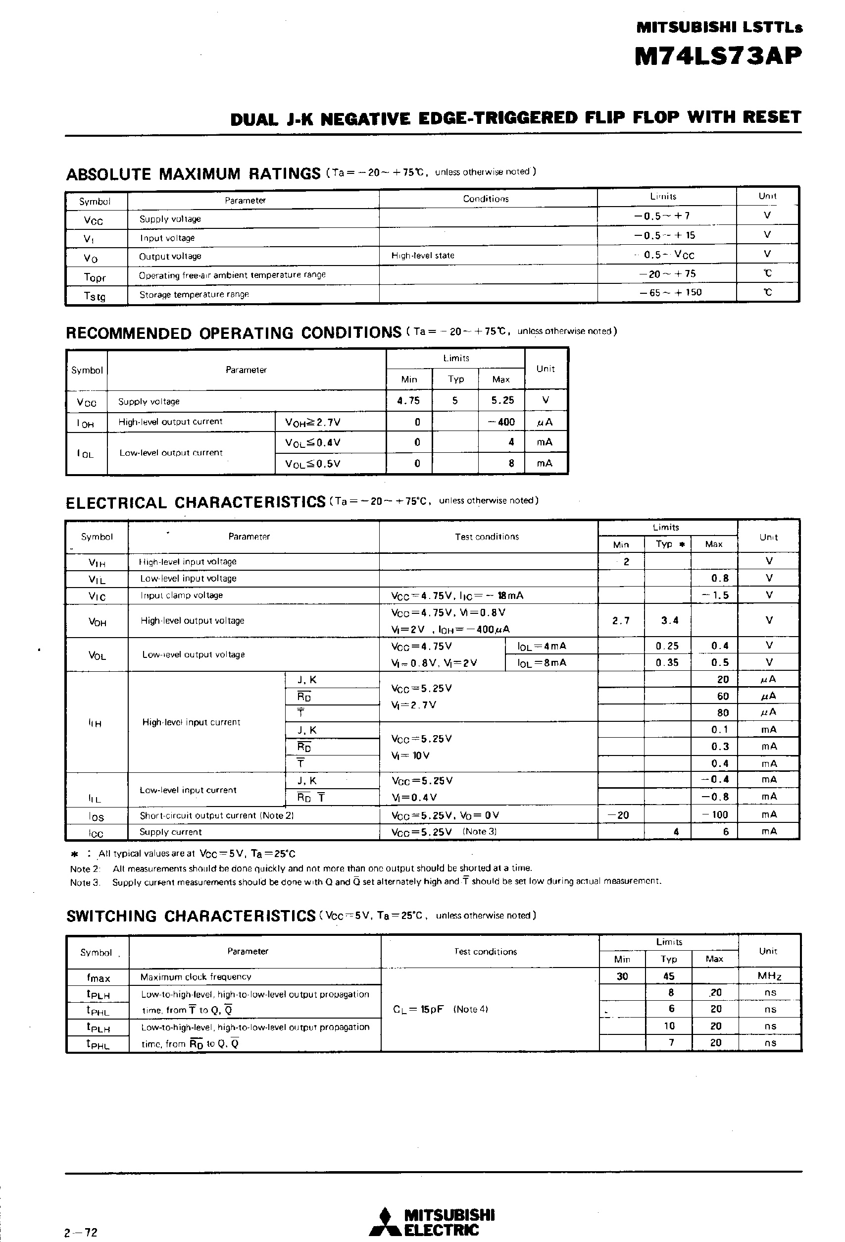 Datasheet M74LS73AP page 2 Datasheet M74LS73AP - Dual J-K Negative Edge-Triggered Flip Flop with Reset page 2