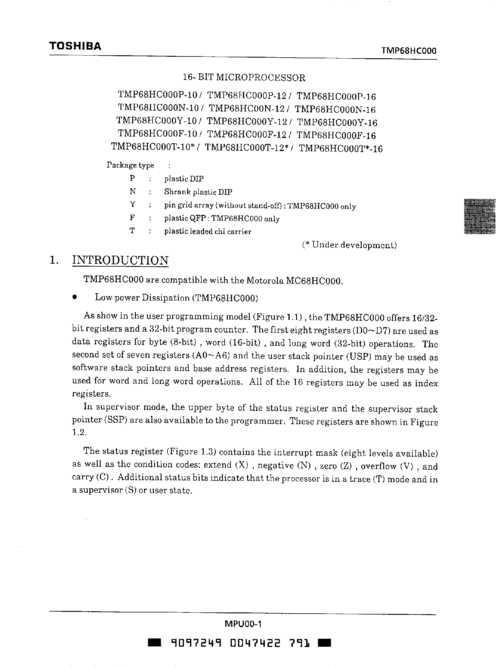 Даташит TMP68HC000F - 16 Bit Microprocessors страница 1