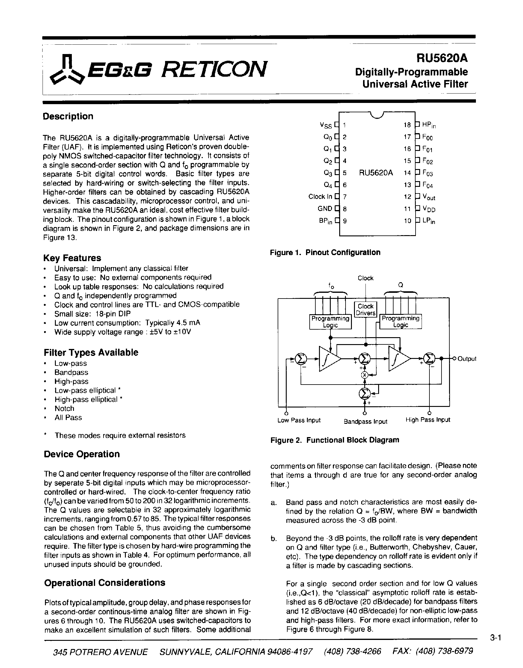 Даташит RU5620A - Digitally Programmable Universal Active Filter страница 1