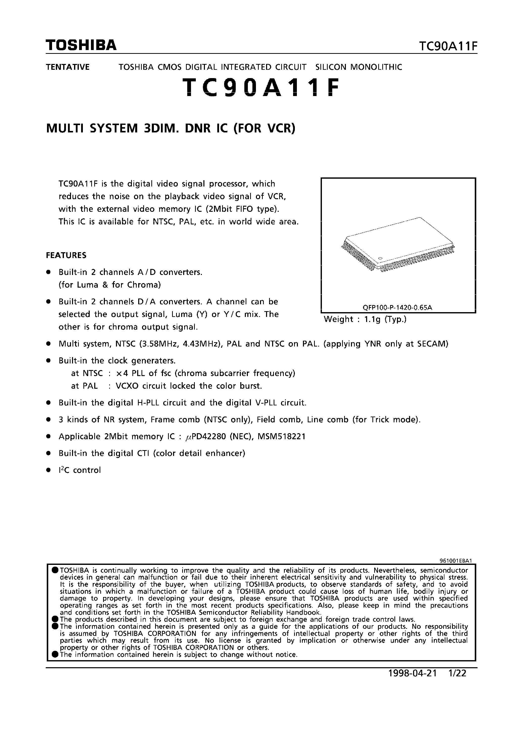 Datasheet TC90A11F - Multi System 3 DIM / DNR IC page 1