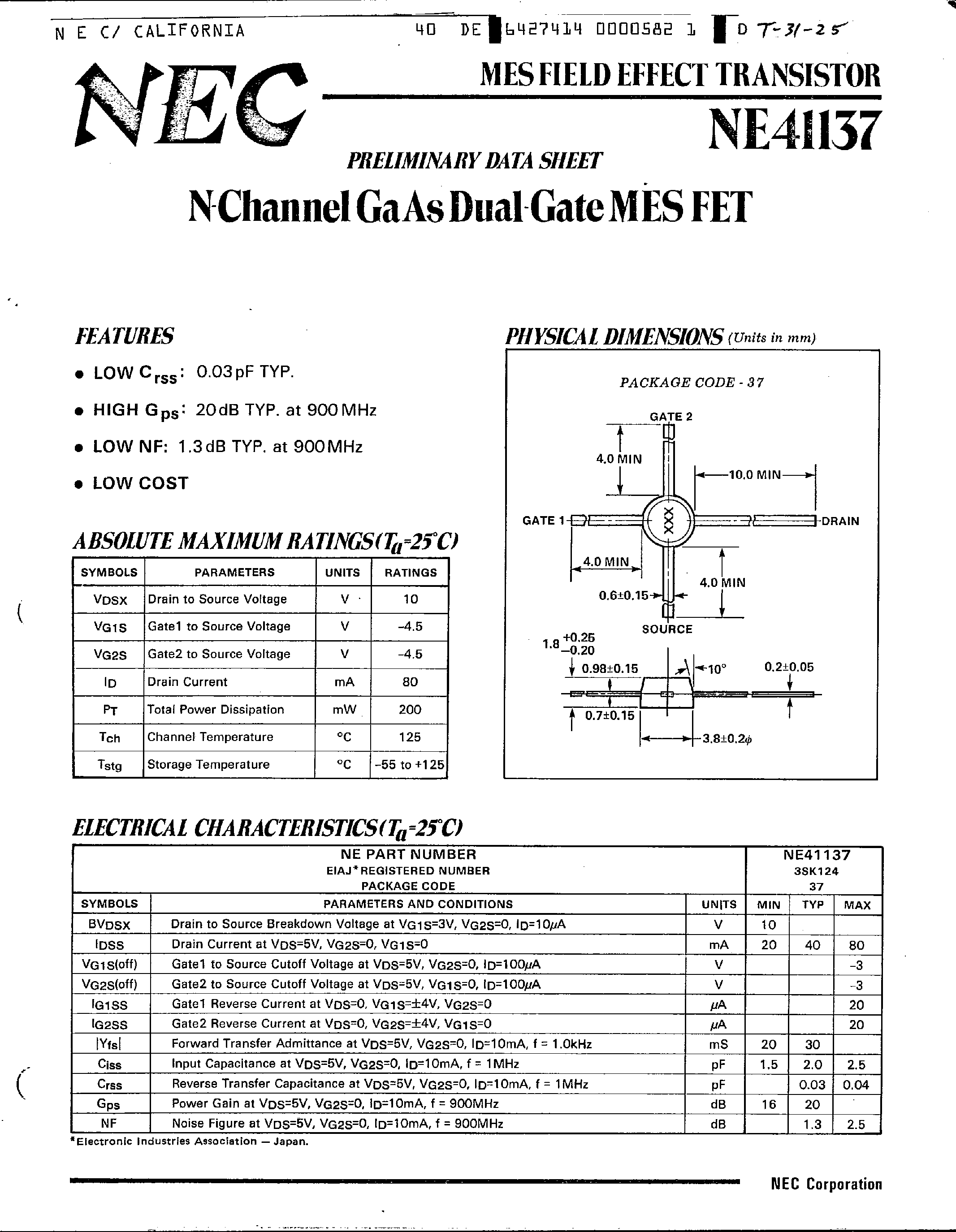 Datasheet NE41137 - N-Channel GaAs Dual Gate MES FET page 1
