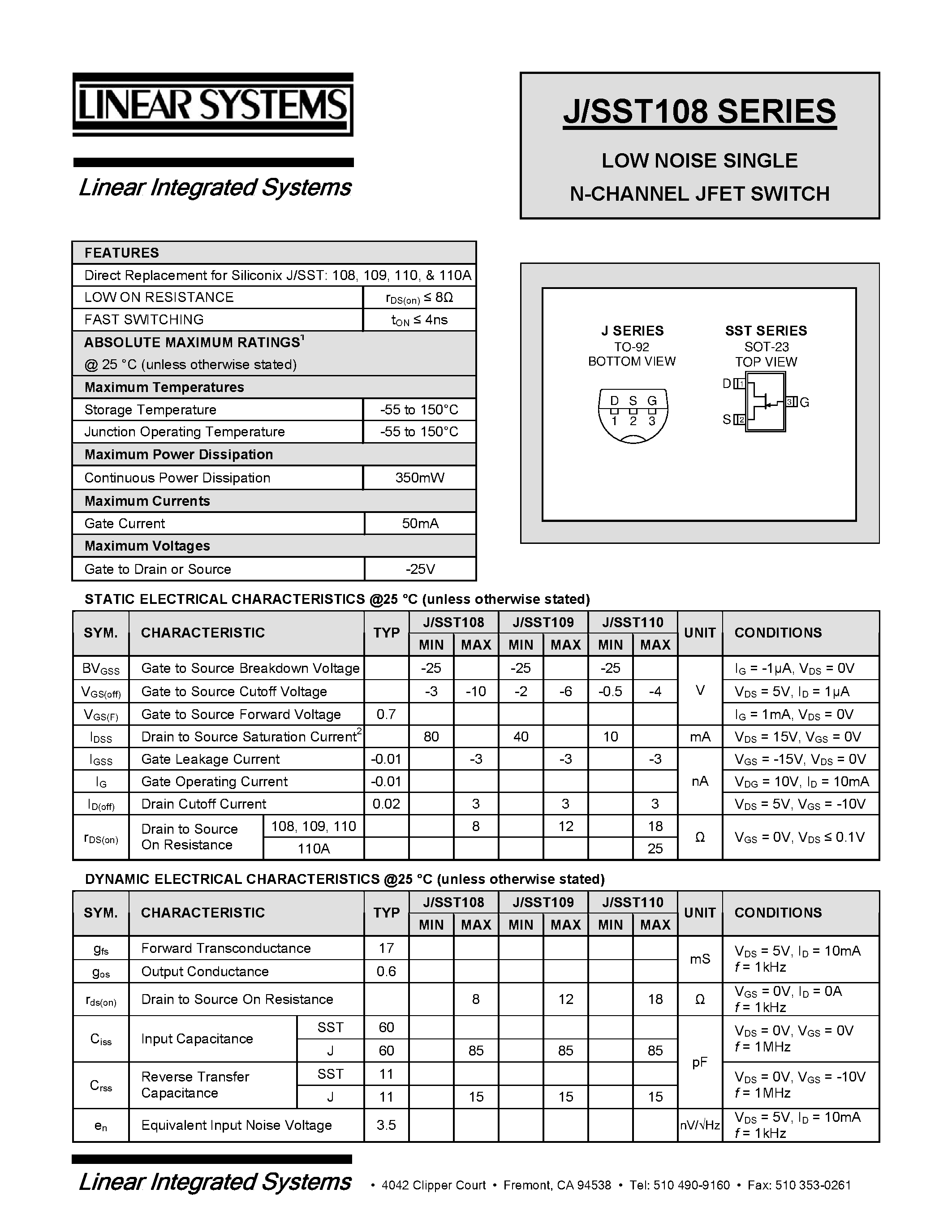 Datasheet JT110 - LOW NOISE SINGLE N-CHANNEL JFET SWITCH page 1