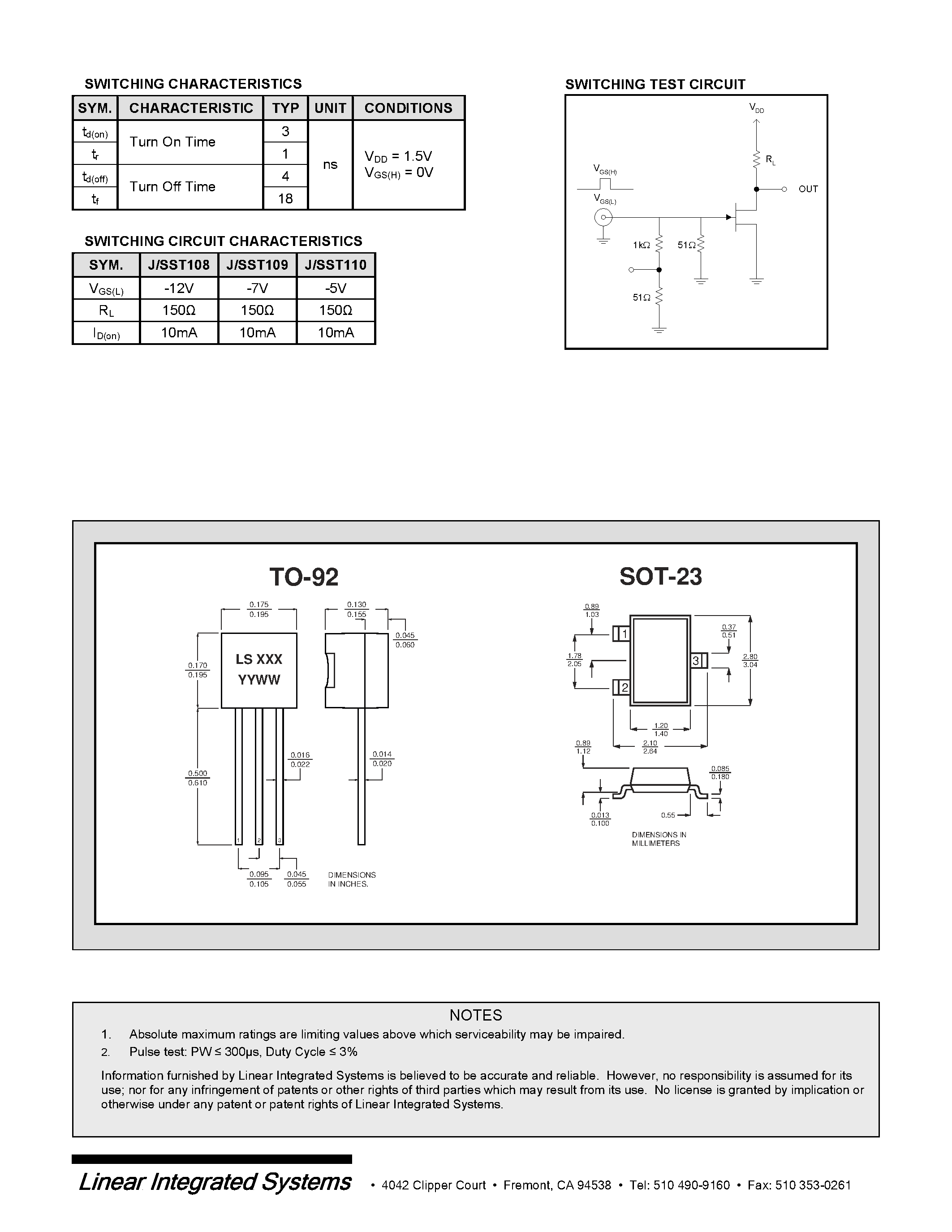 Datasheet JT110 - LOW NOISE SINGLE N-CHANNEL JFET SWITCH page 2