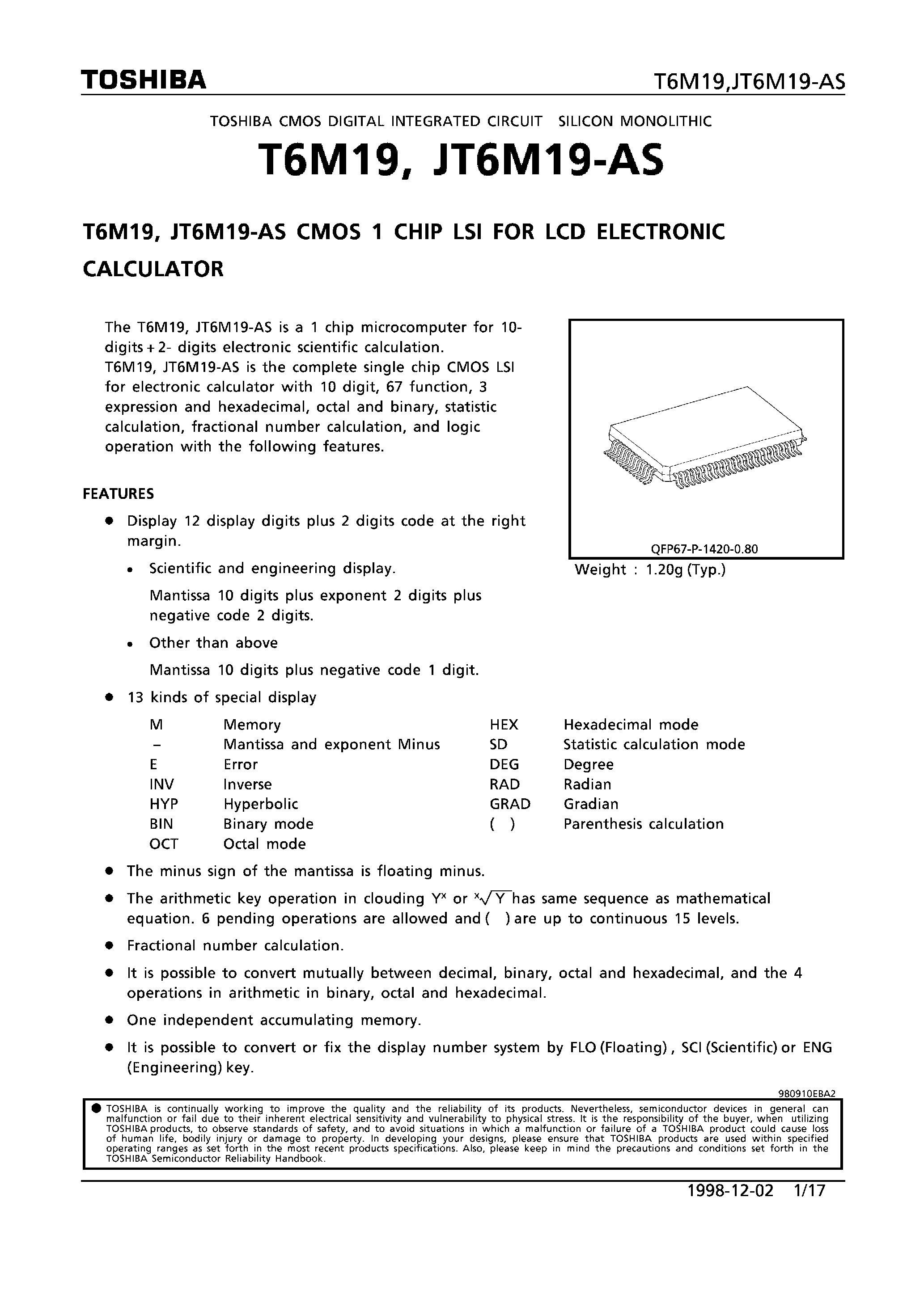 Даташит JT6M19-AS - CMOS 1 CHIP LSI FOR LCD ESECTRONIC CALCULATOR страница 1