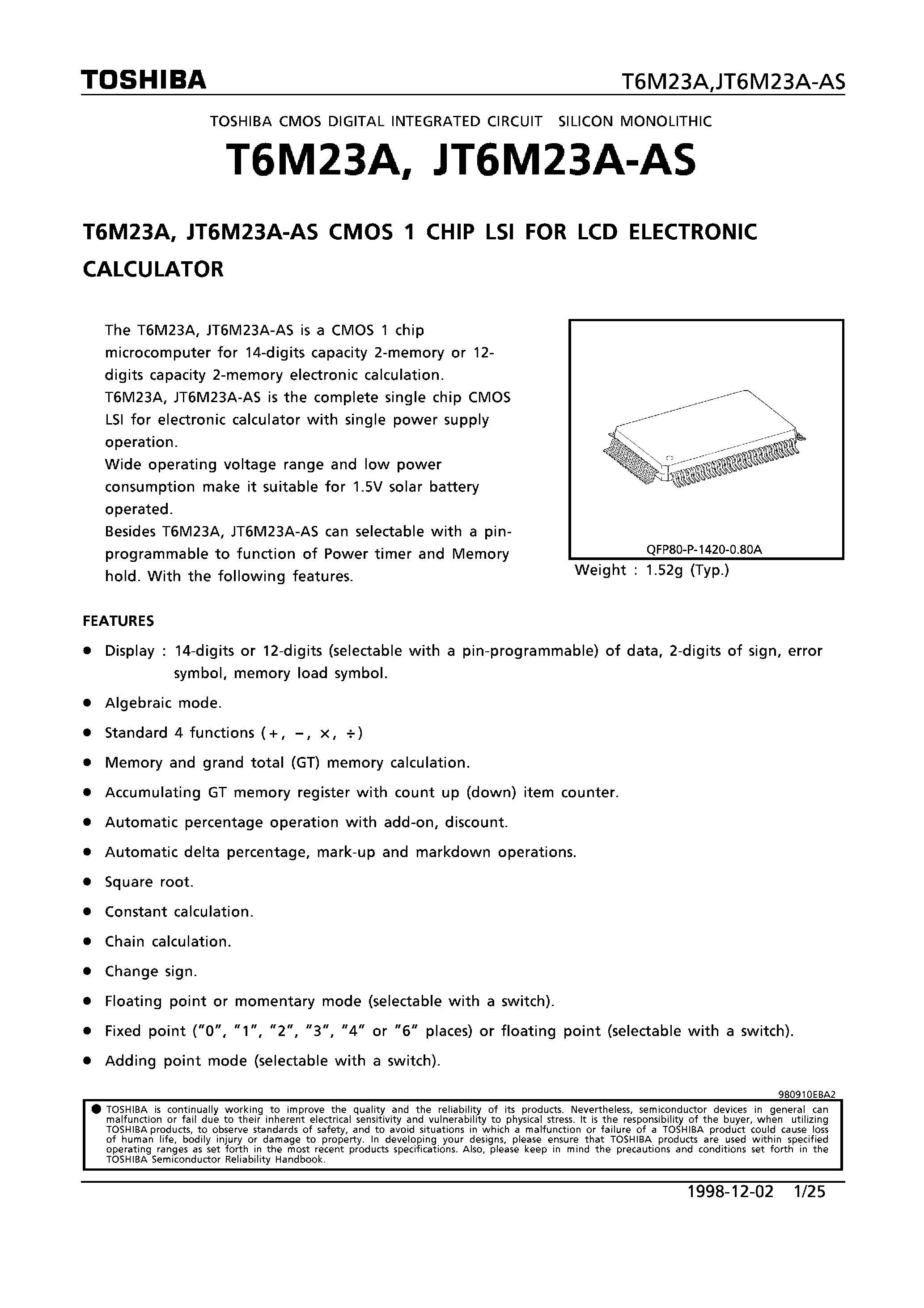 Даташит на микросхему JT6M23A-AS страница 1 Даташит JT6M23A-AS - CMOS 1 CHIP LSI FOR LCD ELECTRONIC CALCULATOR страница 1