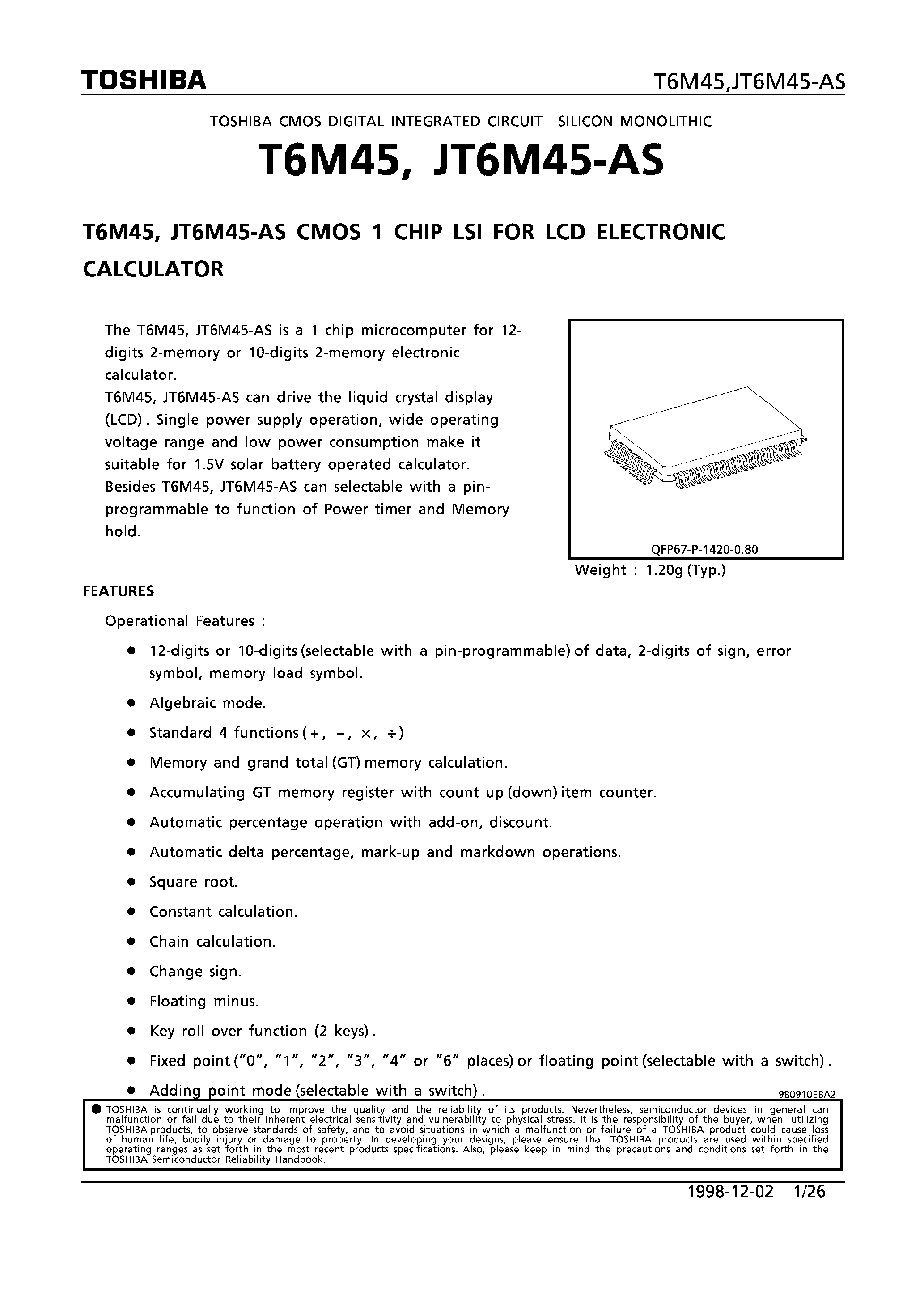 Даташит JT6M45-AS - CMOS 1 CHIP LSI FOR LCD ELECTRONIC CALCULATOR страница 1