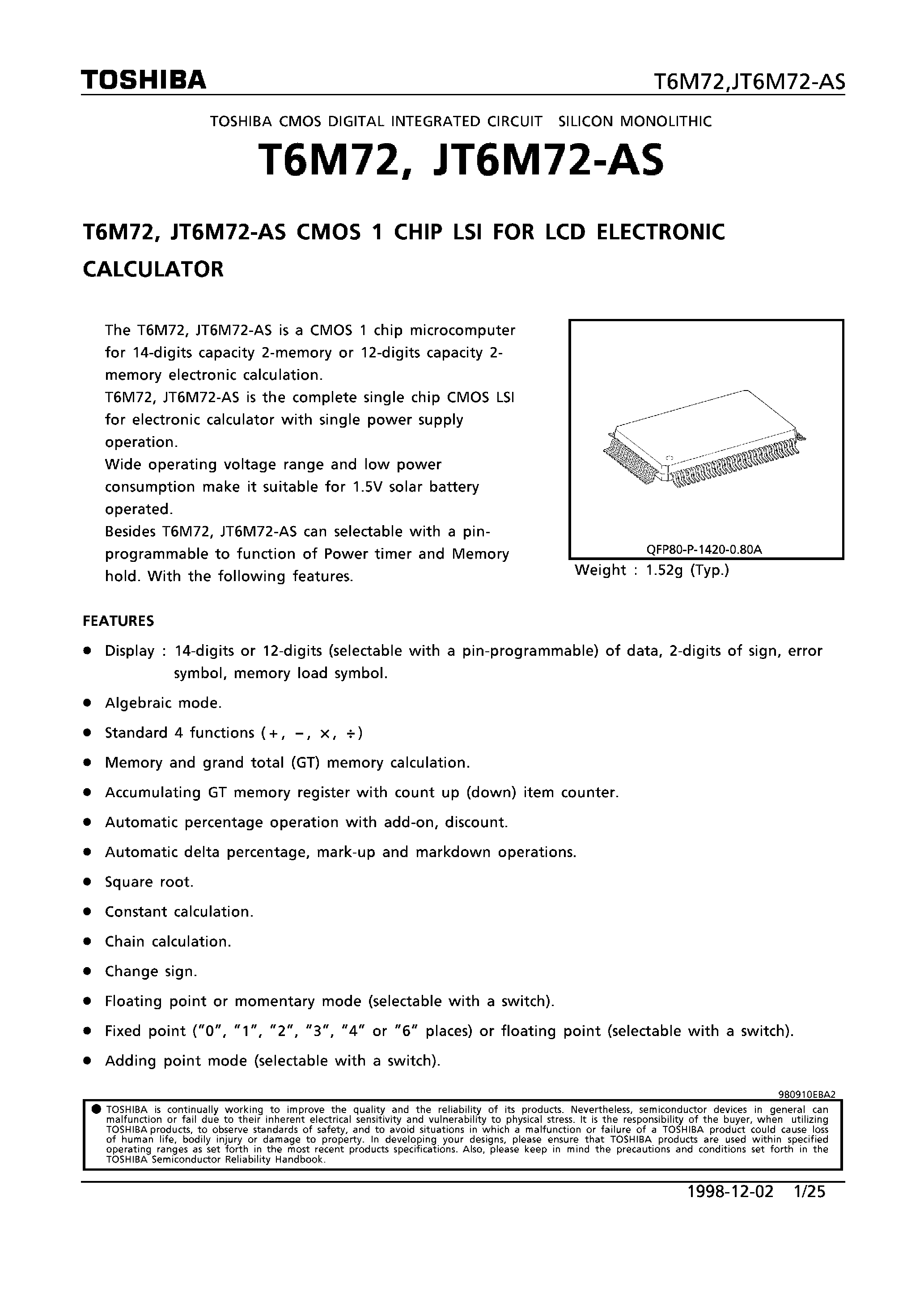 Даташит на микросхему JT6M72-AS страница 1 Даташит JT6M72-AS - CMOS 1 CHIP LSI FOR LCD ELECTRONIC CALCULATOR страница 1