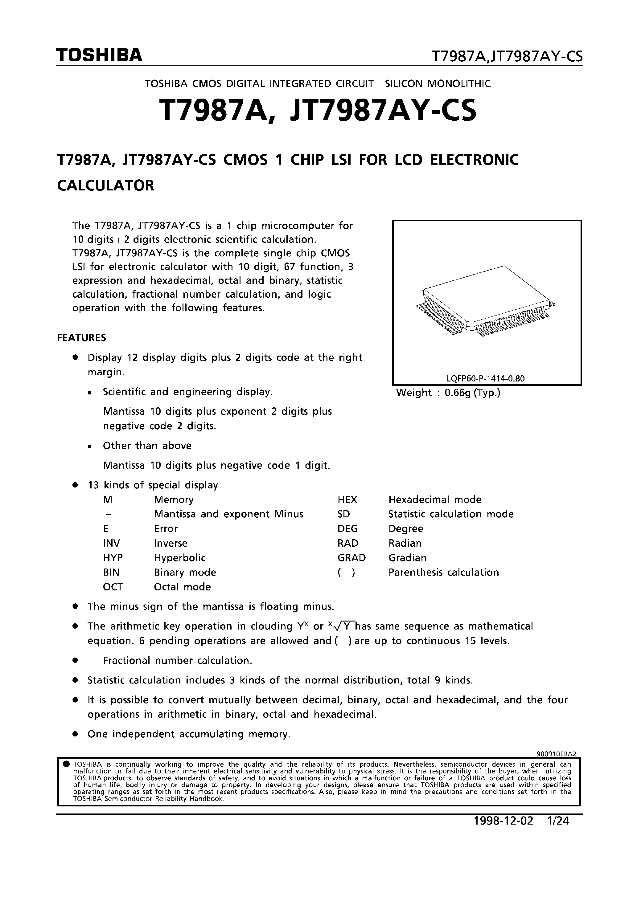 Даташит на микросхему JT7987AY-CS страница 1 Даташит JT7987AY-CS - CMOS 1 CHIP LSI FOR LCD ELECTRONIC CALCULATOR страница 1
