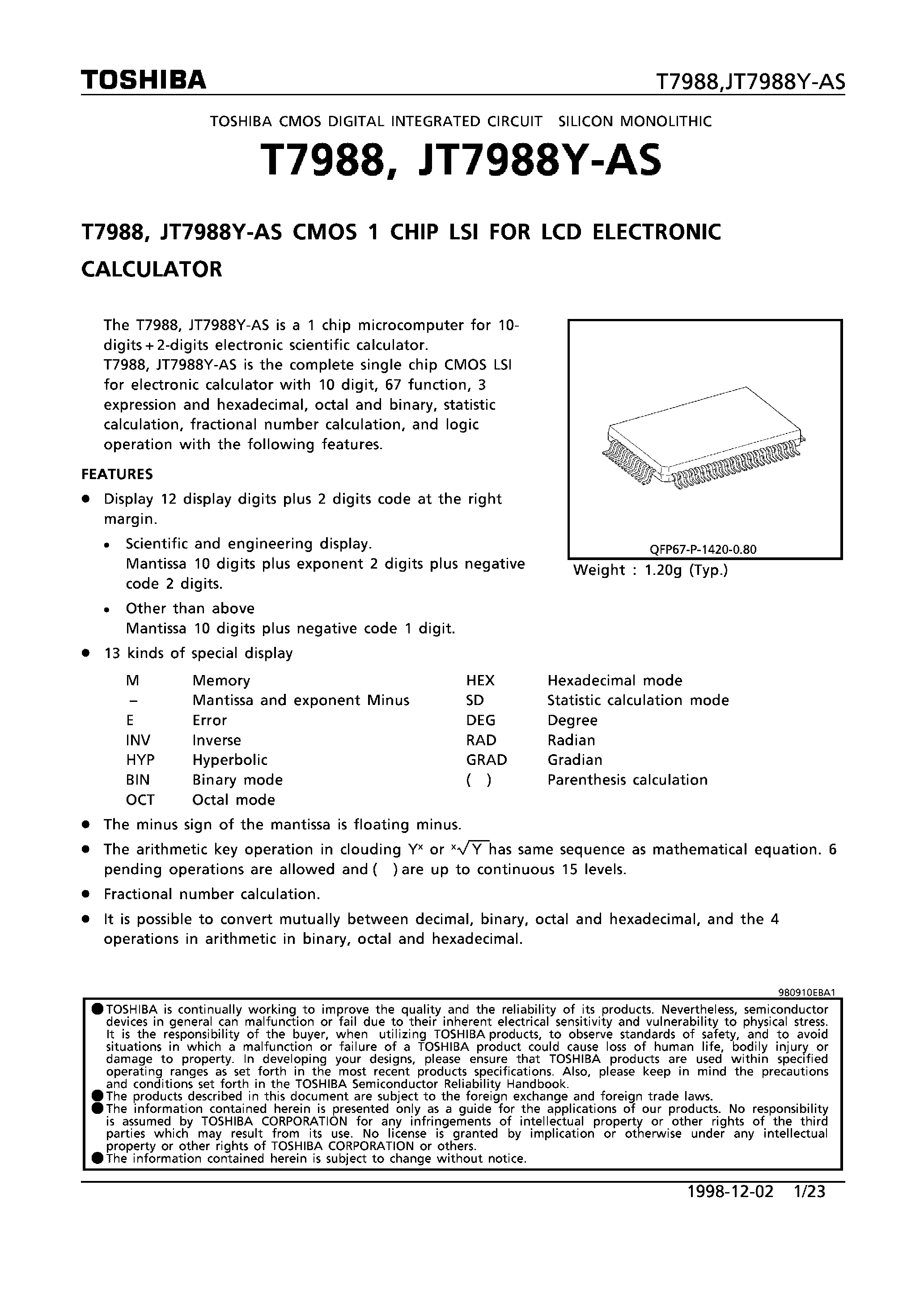 Даташит на микросхему JT7988Y-AS страница 1 Даташит JT7988Y-AS - CMOS 1 CHIP LSI FOR LCD ELECTRONIC CALCULATOR страница 1