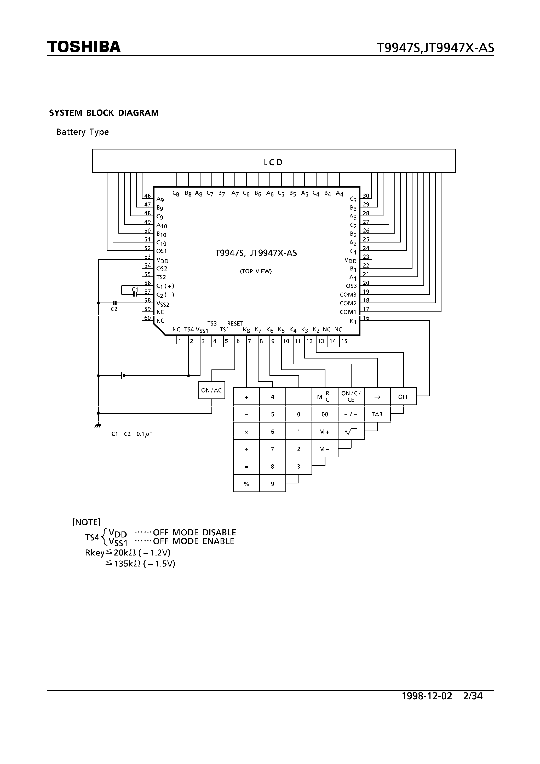 Даташит на микросхему JT9947X-AS страница 2 Даташит JT9947X-AS - CMOS 1 CHIP LSI FOR LCD ELECTRONIC CALCULATOR страница 2