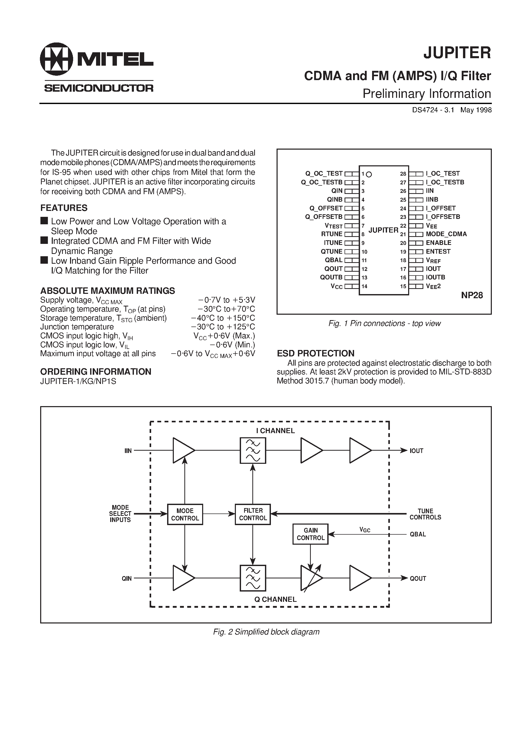Datasheet JUPITER - CDMA and FM (AMPS) I/Q Filter Preliminary Information page 1
