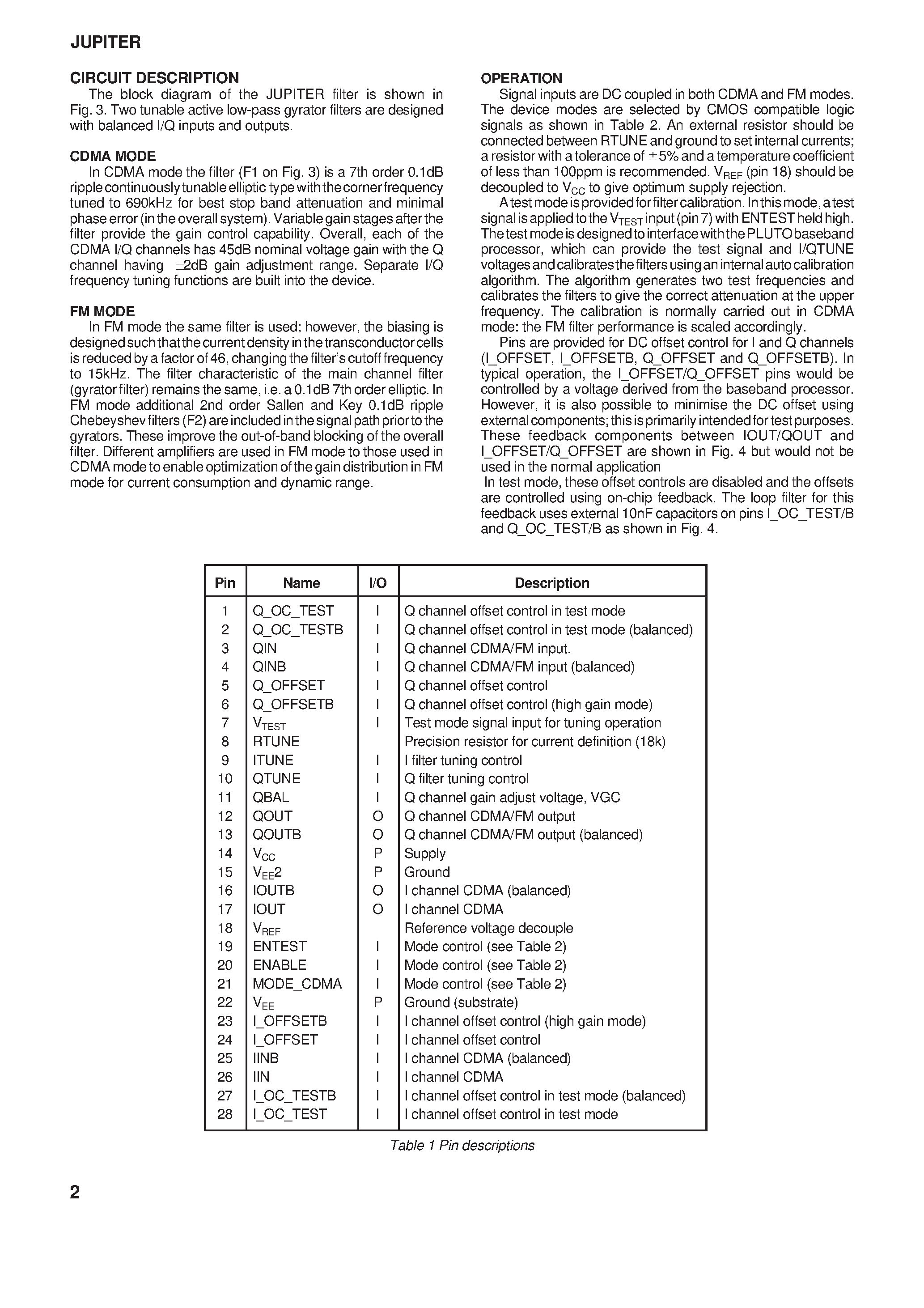 Datasheet JUPITER - CDMA and FM (AMPS) I/Q Filter Preliminary Information page 2