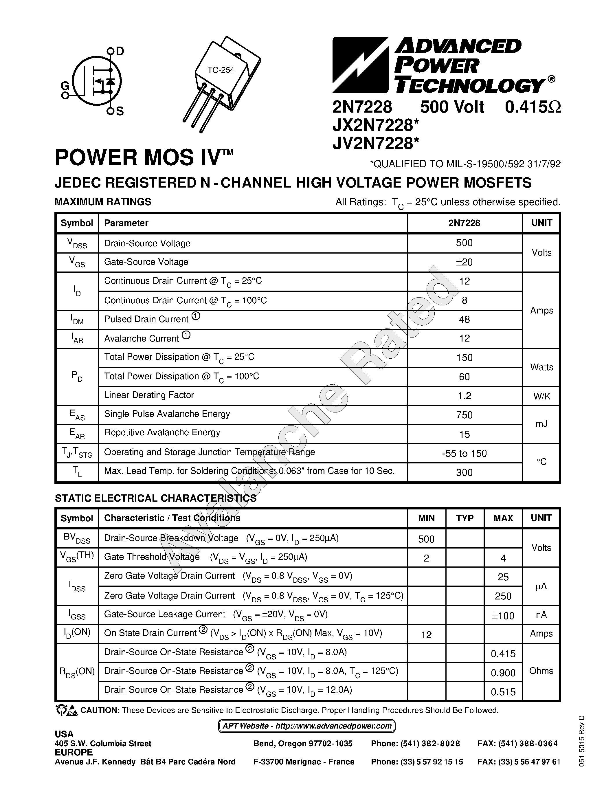 Datasheet JV2N7228 - JEDEC REGISTERED N - CHANNEL HIGH VOLTAGE POWER MOSFETS page 1