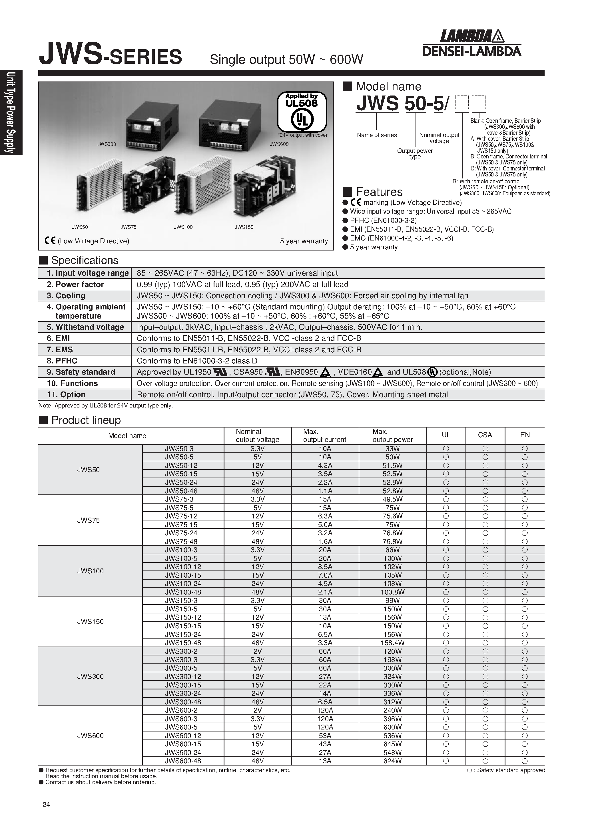Datasheet JWS75-5 - Single output 50W ~ 600W page 1