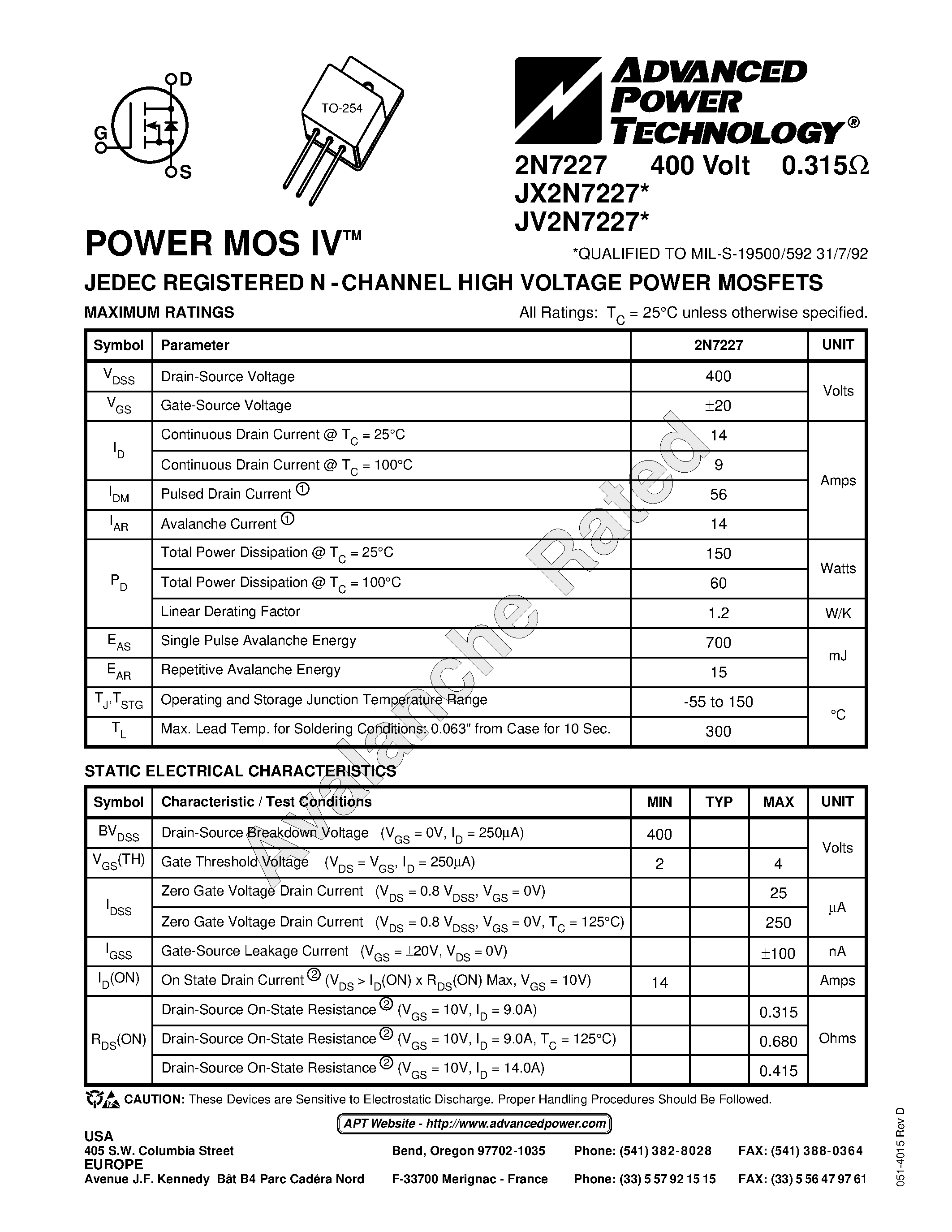 Datasheet JX2N7227 - JEDEC REGISTERED N - CHANNEL HIGH VOLTAGE POWER MOSFETS page 1