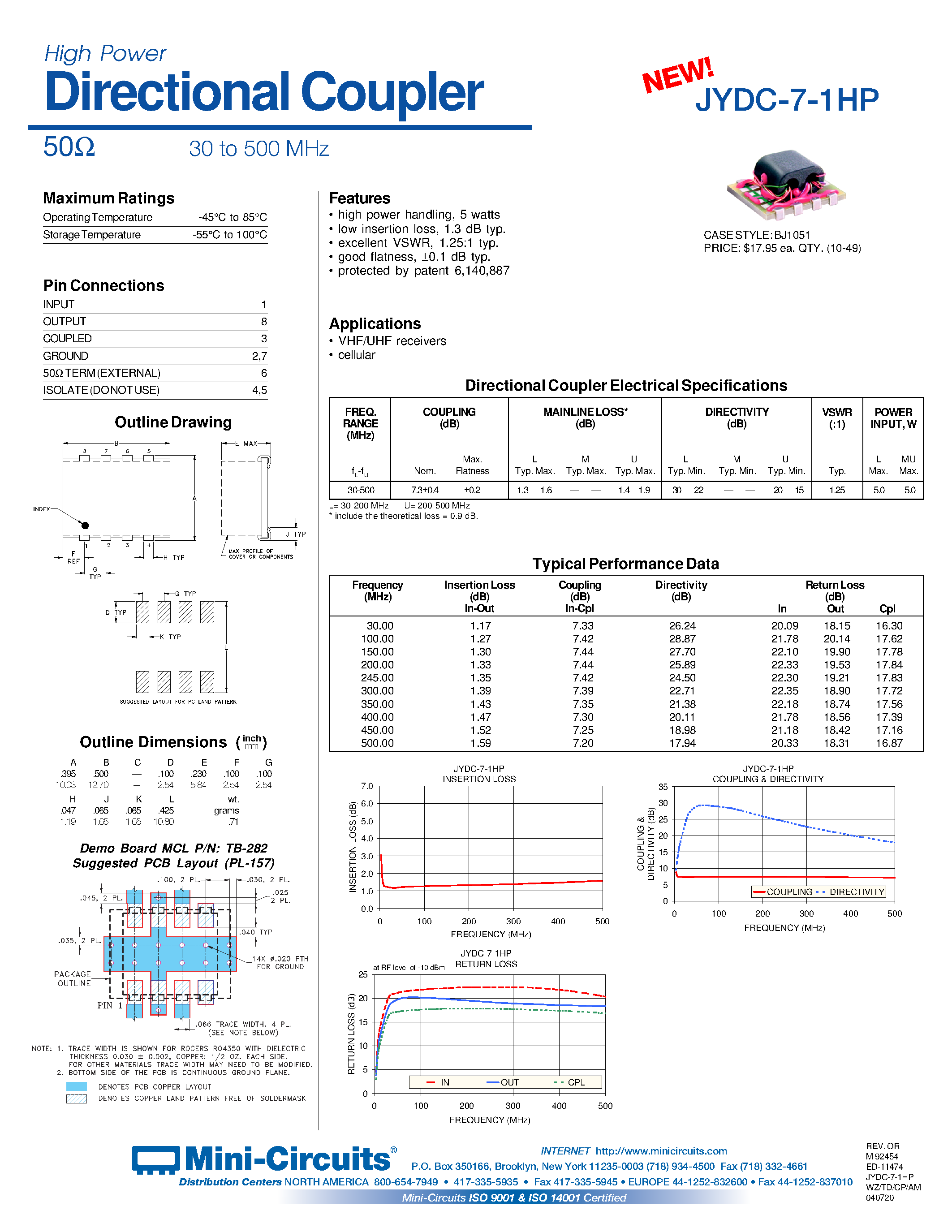 Даташит на микросхему JYDC-7-1HP страница 1 Даташит JYDC-7-1HP - High Power Directional Coupler 50 30 to 500 MHz страница 1
