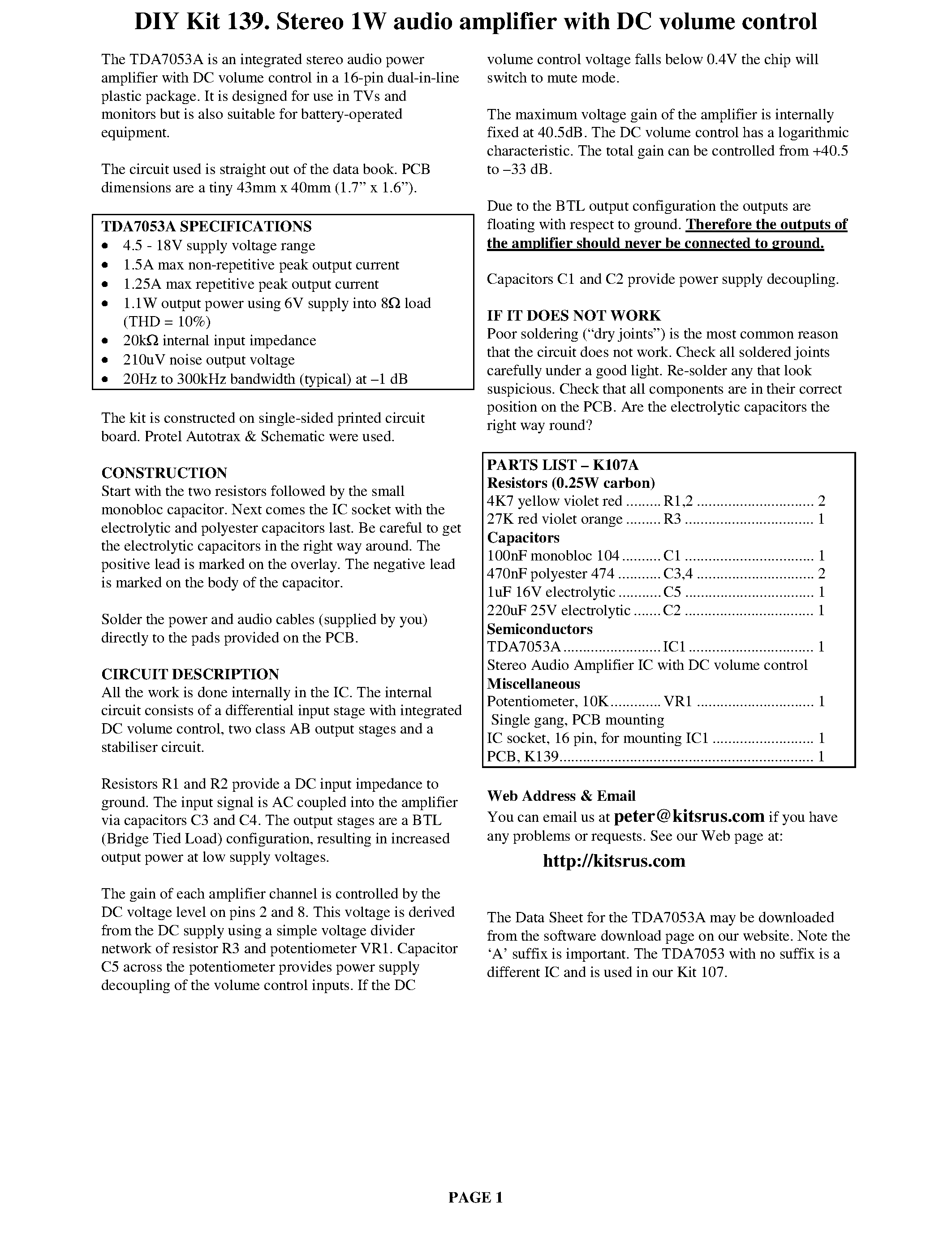 Даташит K139 - DIY Kit 139. Stereo 1W audio amplifier with DC volume control страница 1