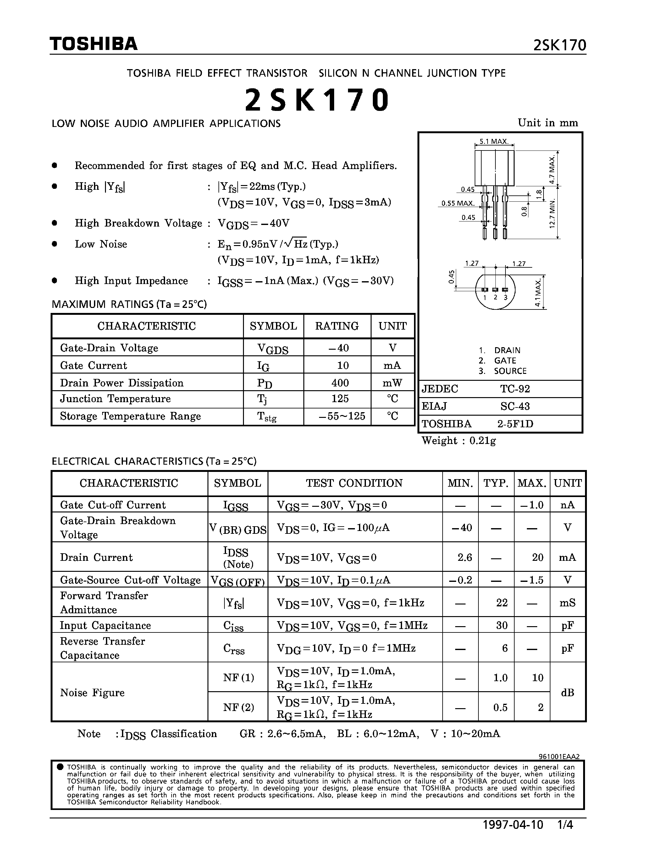 Datasheet K170 - FET/ Silicon N Channel Junction Type(for Low Noise Audio Amplifier) page 1
