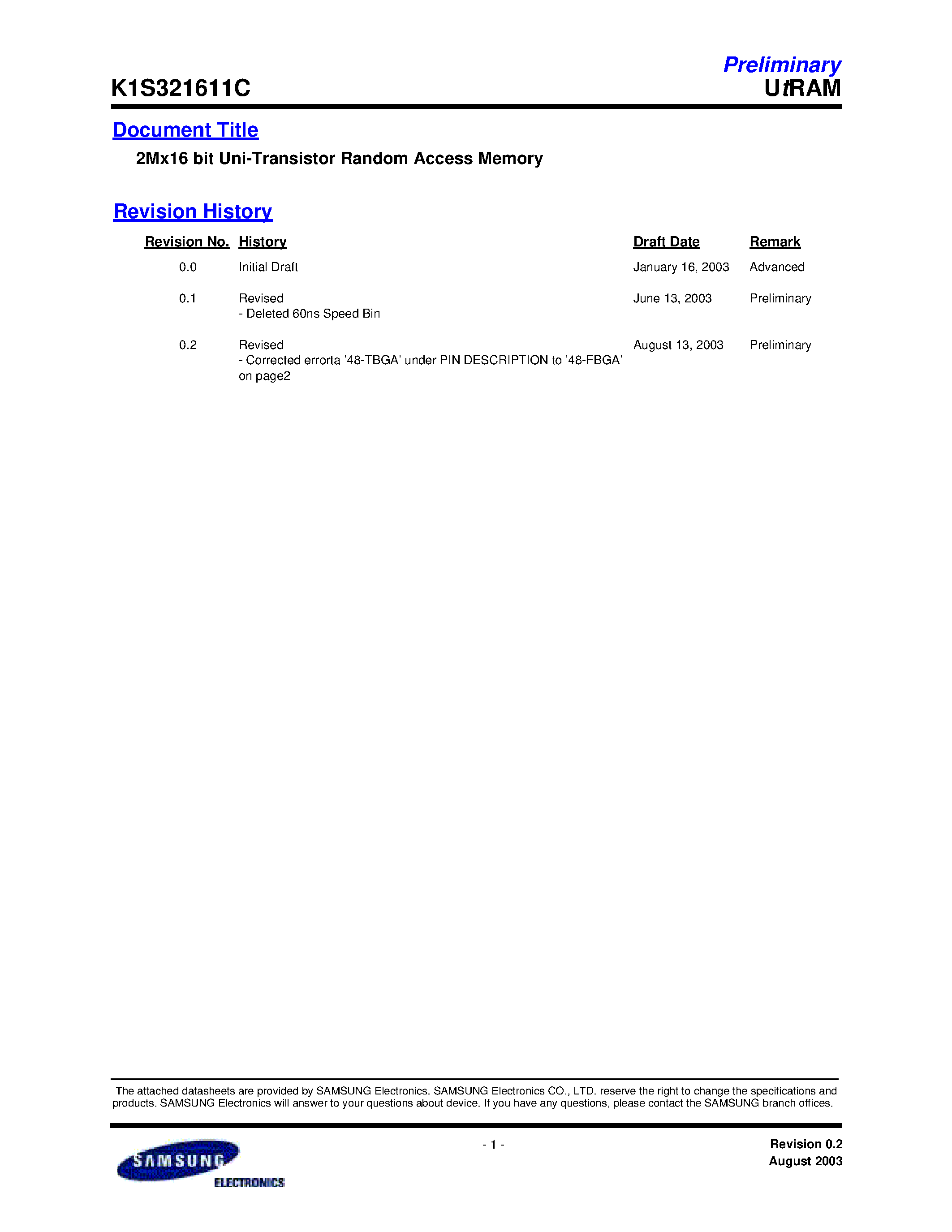 Даташит на микросхему K1S321611C-I страница 1 Даташит K1S321611C-I - 2Mx16 bit Uni-Transistor Random Access Memory страница 1