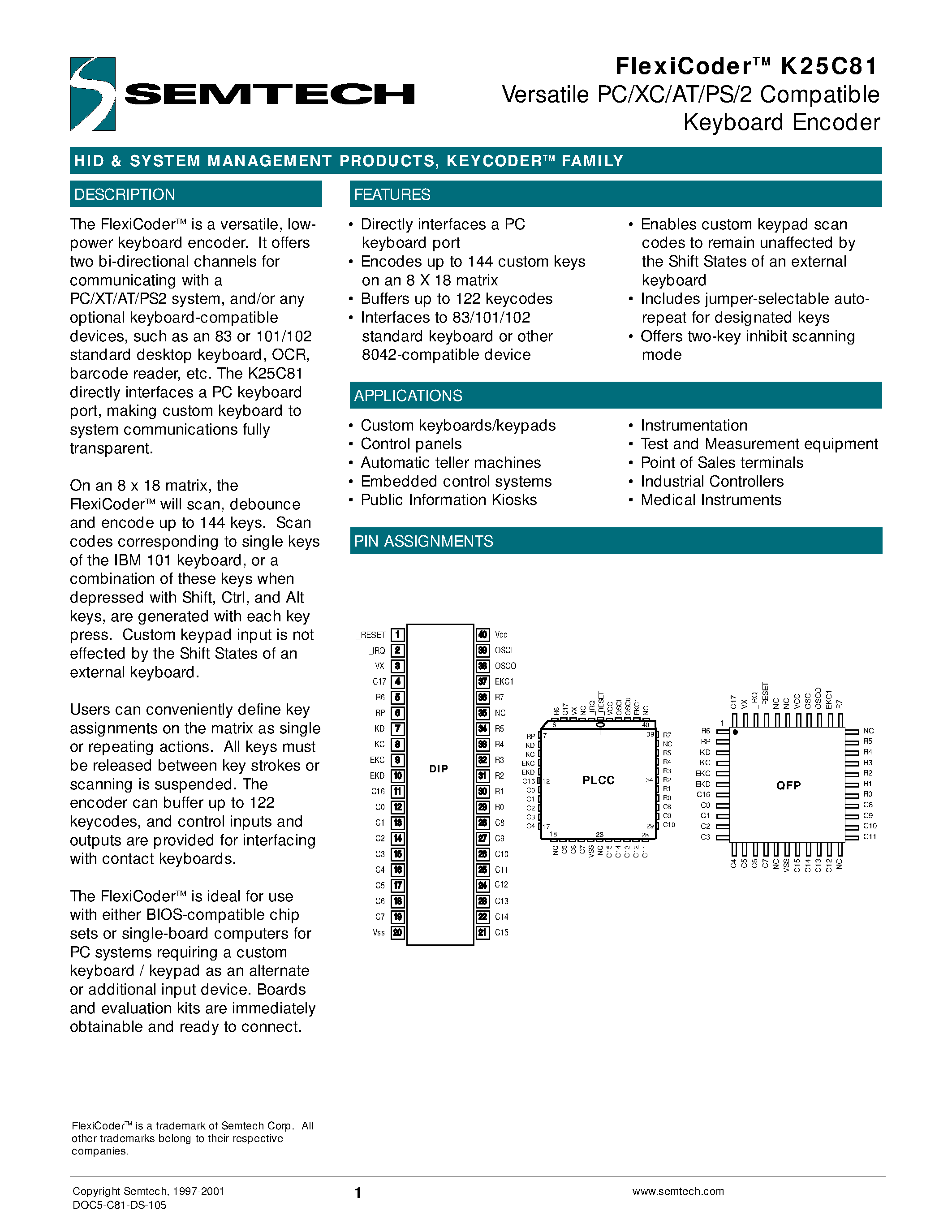 Datasheet K25C81-FN - Versatile PC/XC/AT/PS/2 Compatible Keyboard Encoder page 1