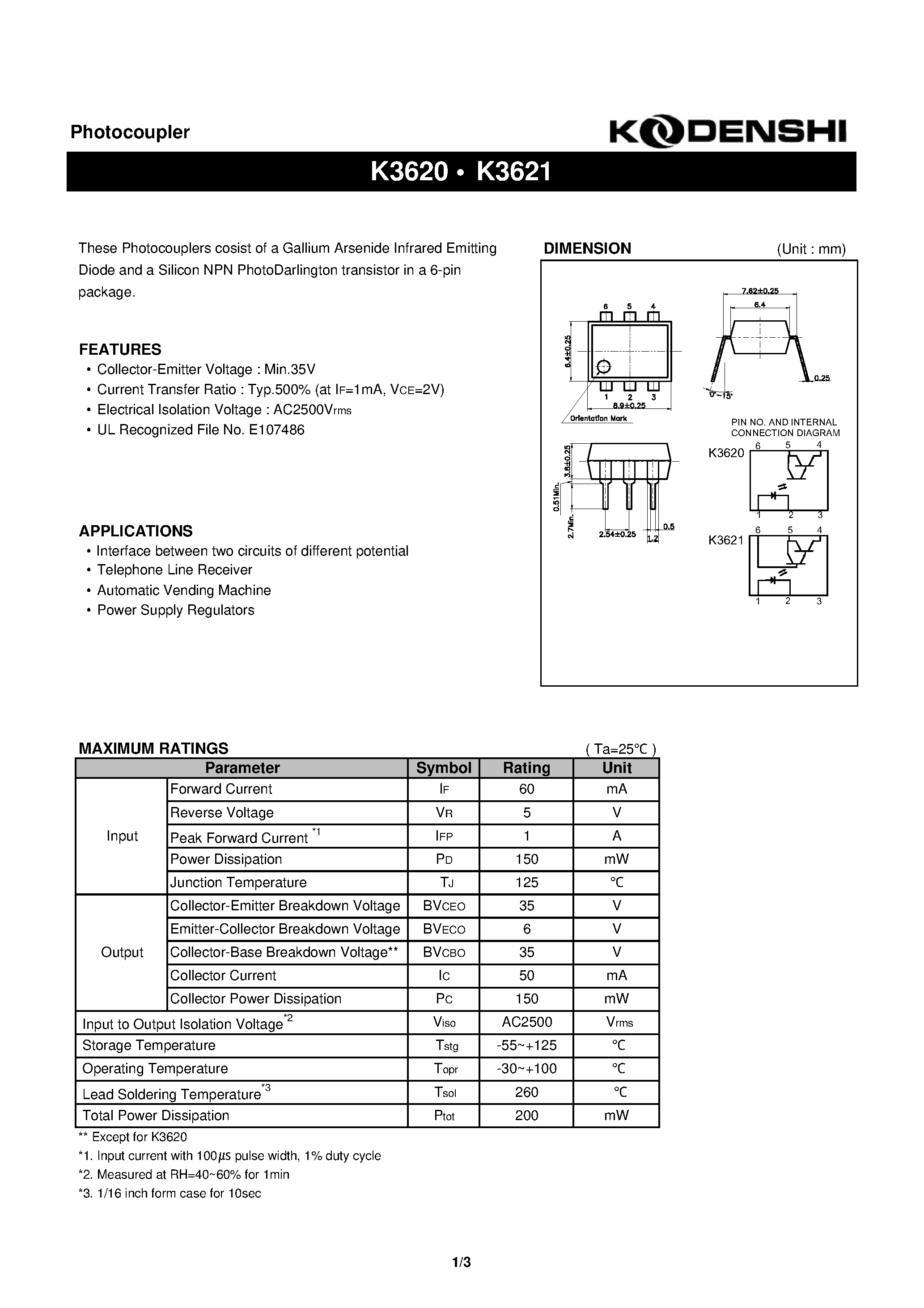 Datasheet K3621 - Photocoupler(These Photocouplers cosist of a Gallium Arsenide Infrared Emitting) page 1