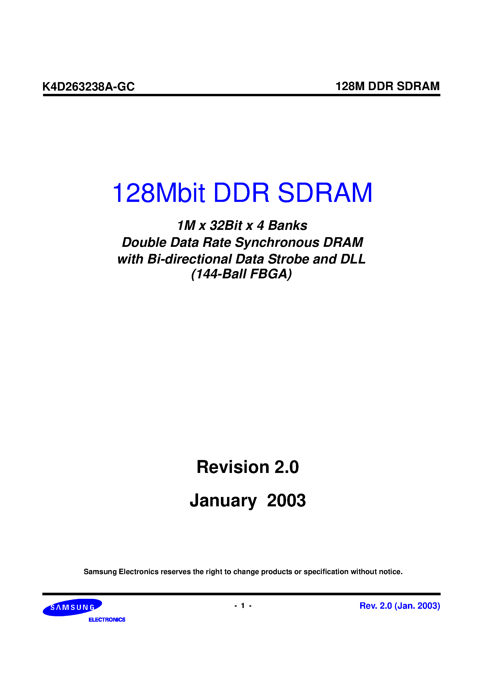 Datasheet K4D263238A - 1M x 32Bit x 4 Banks Double Data Rate Synchronous DRAM with Bi-directional Data Strobe and DLL page 1