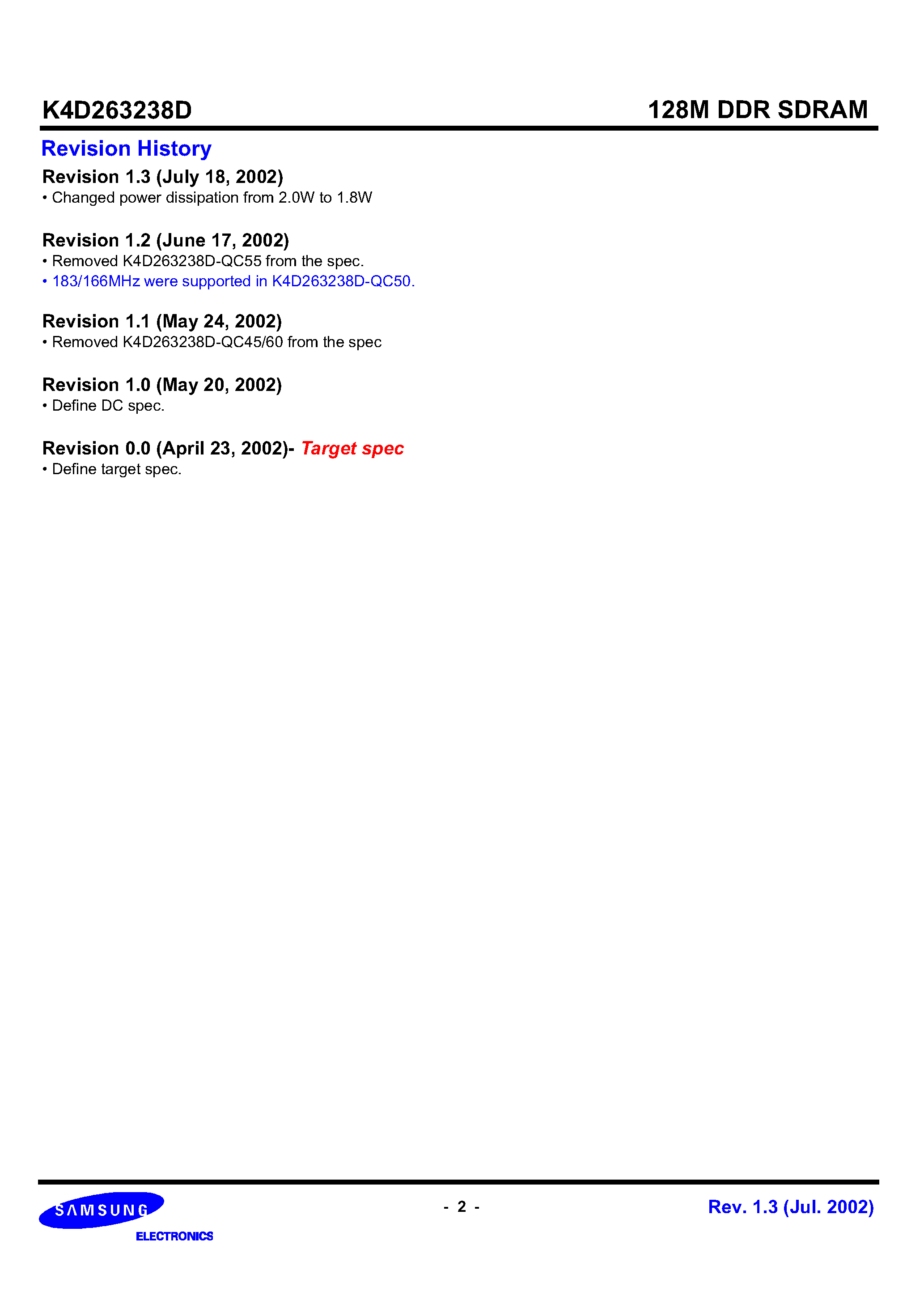 Datasheet K4D263238D page 2 Datasheet K4D263238D - 1M x 32Bit x 4 Banks Double Data Rate Synchronous DRAM with Bi-directional Data Strobe and DLL page 2