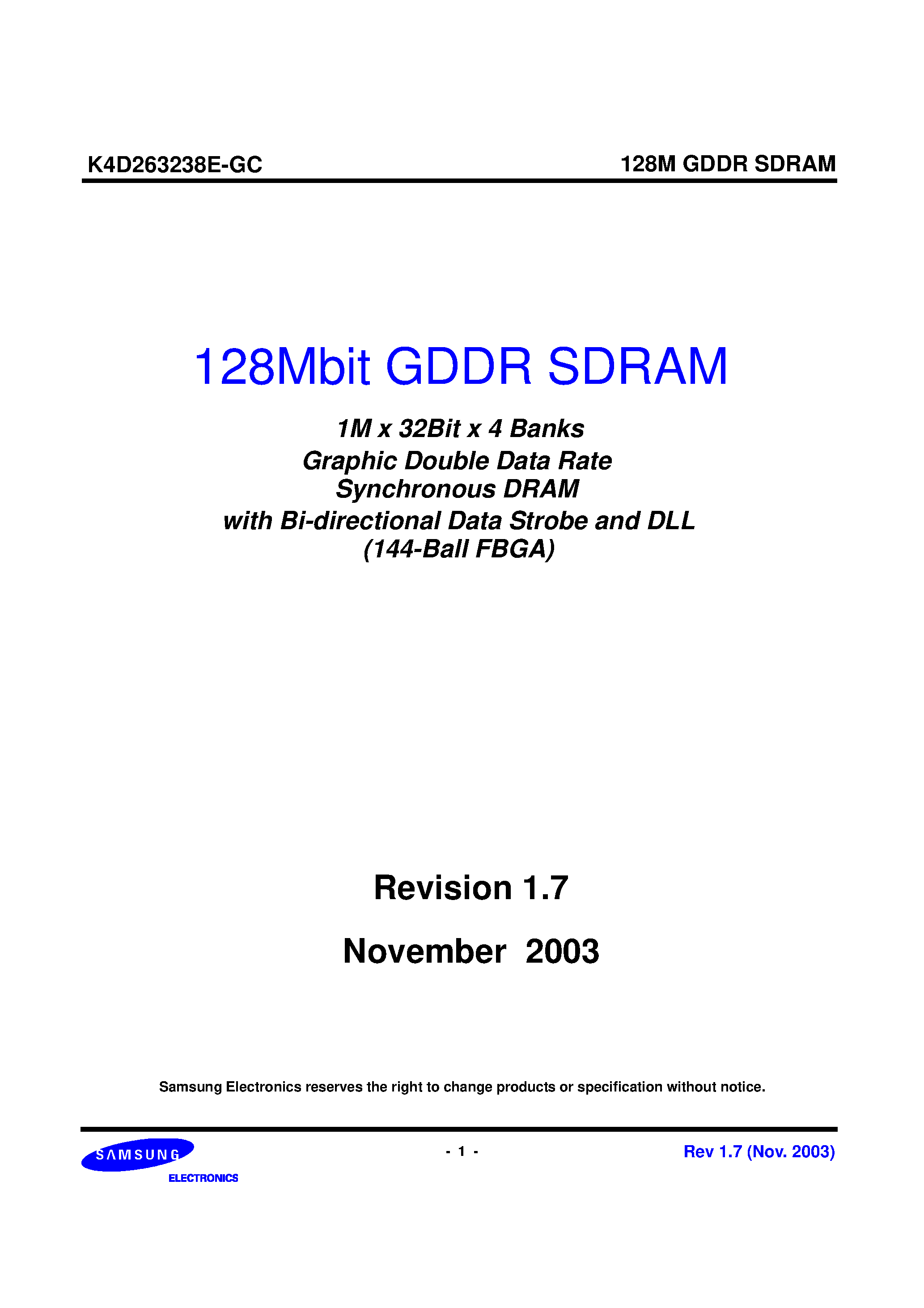 Datasheet K4D263238E - 1M x 32Bit x 4 Banks Graphic Double Data Rate Synchronous DRAM with Bi-directional Data Strobe and DLL page 1