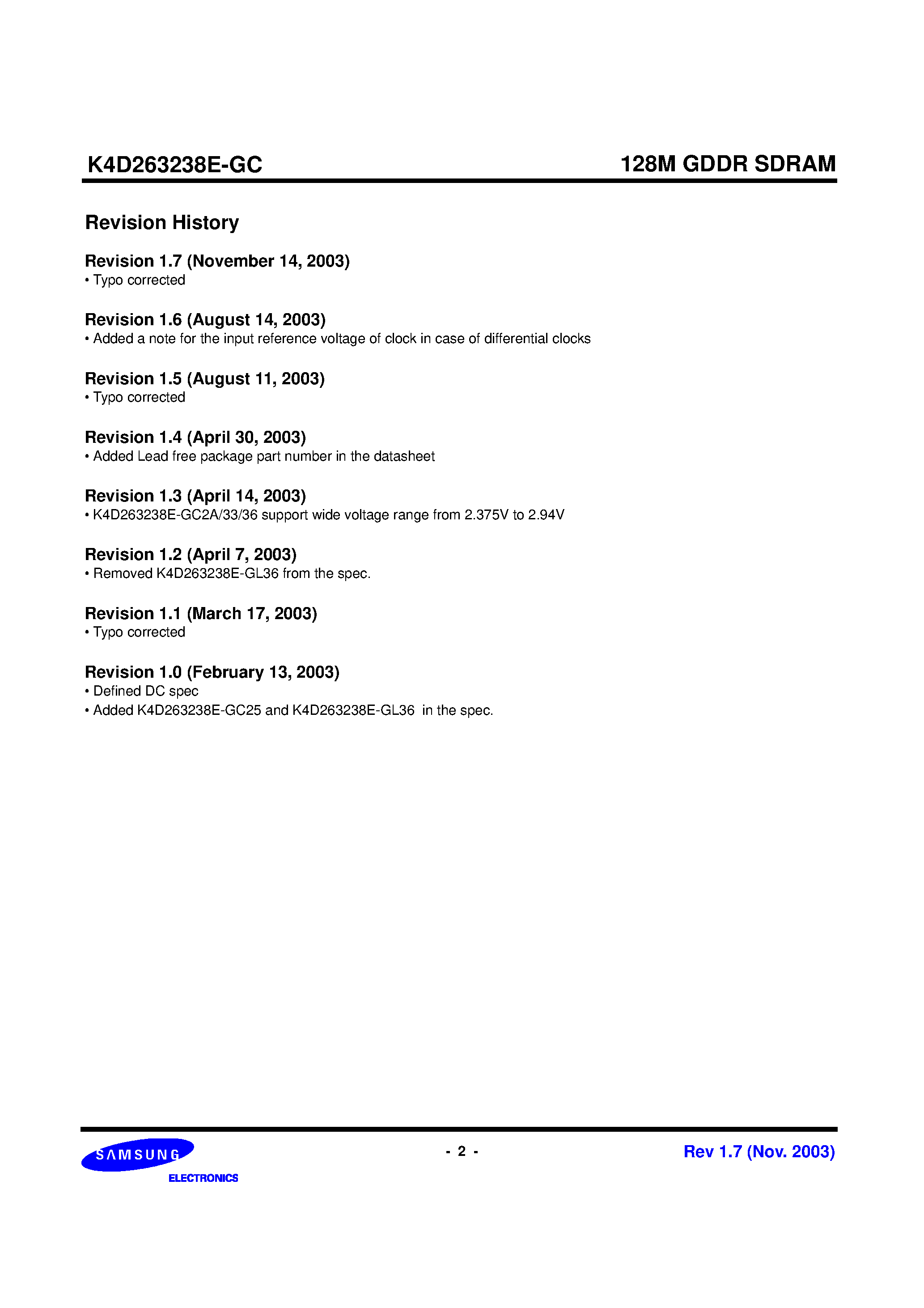Datasheet K4D263238E - 1M x 32Bit x 4 Banks Graphic Double Data Rate Synchronous DRAM with Bi-directional Data Strobe and DLL page 2