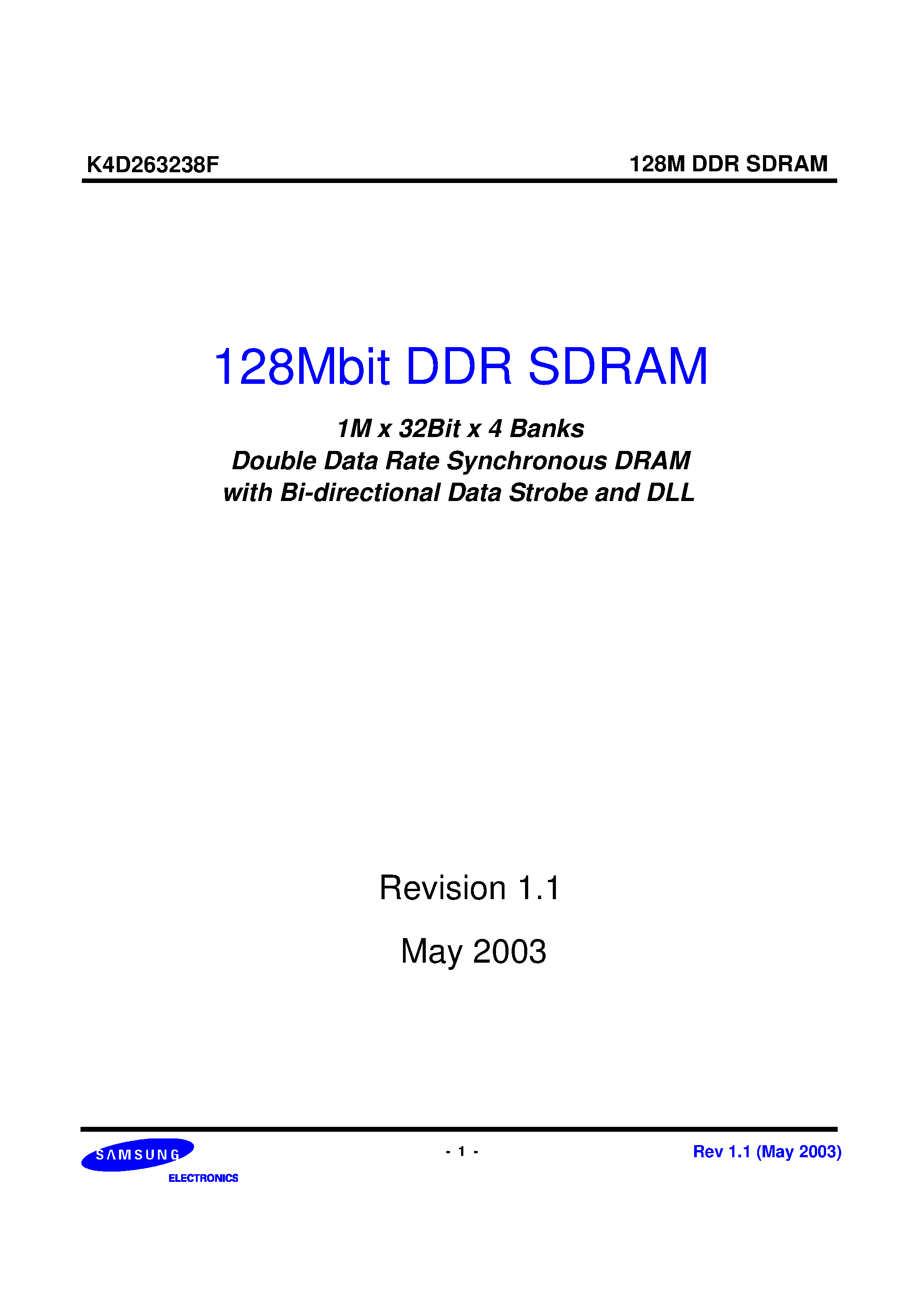 Datasheet K4D263238F - 1M x 32Bit x 4 Banks Double Data Rate Synchronous DRAM with Bi-directional Data Strobe and DLL page 1