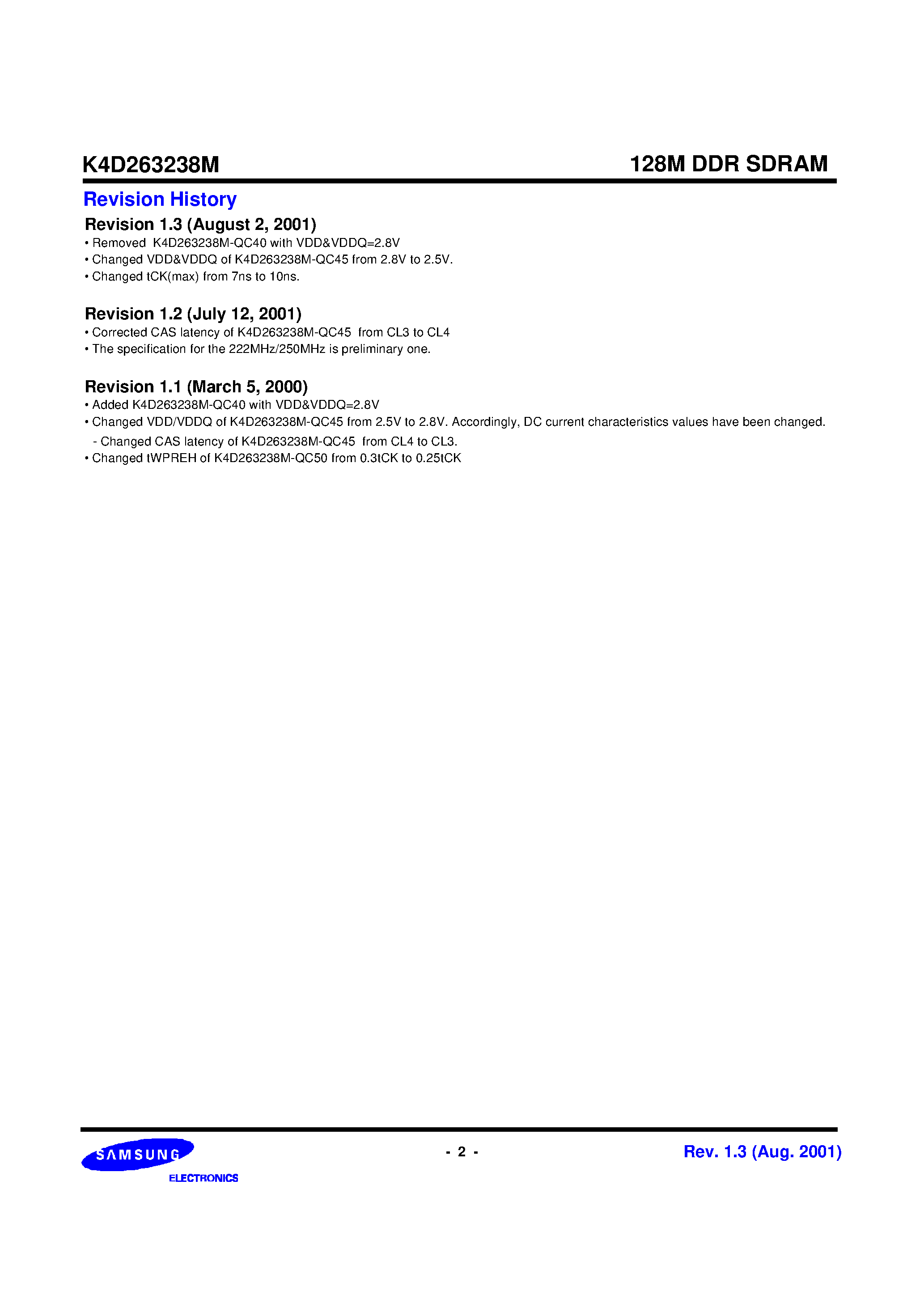 Datasheet K4D263238M page 2 Datasheet K4D263238M - 1M x 32Bit x 4 Banks Double Data Rate Synchronous RAM with Bi-directional Data Strobe and DLL page 2