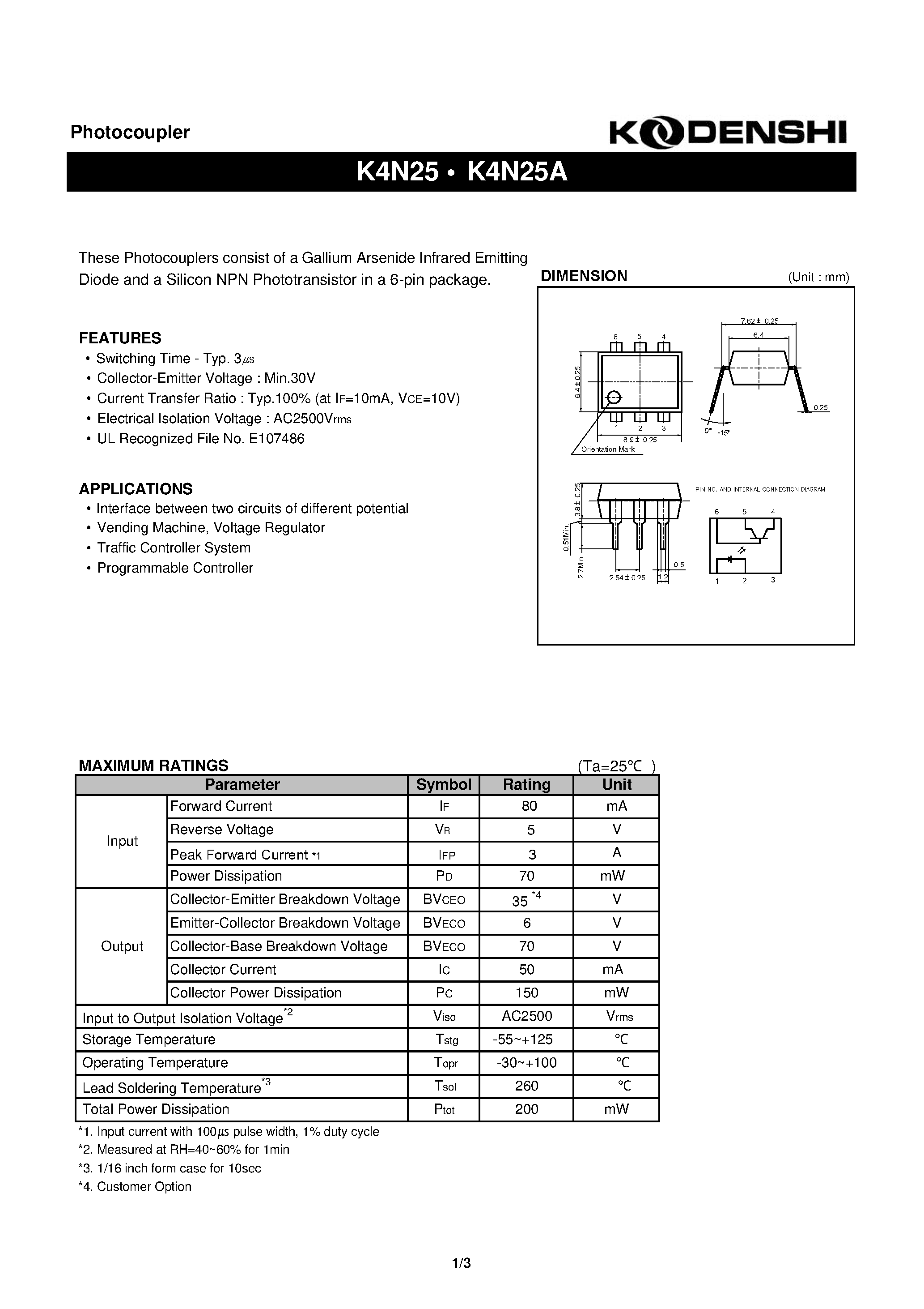 Datasheet K4N25 - Photocoupler(These Photocouplers consist of a Gallium Arsenide Infrared Emitting) page 1
