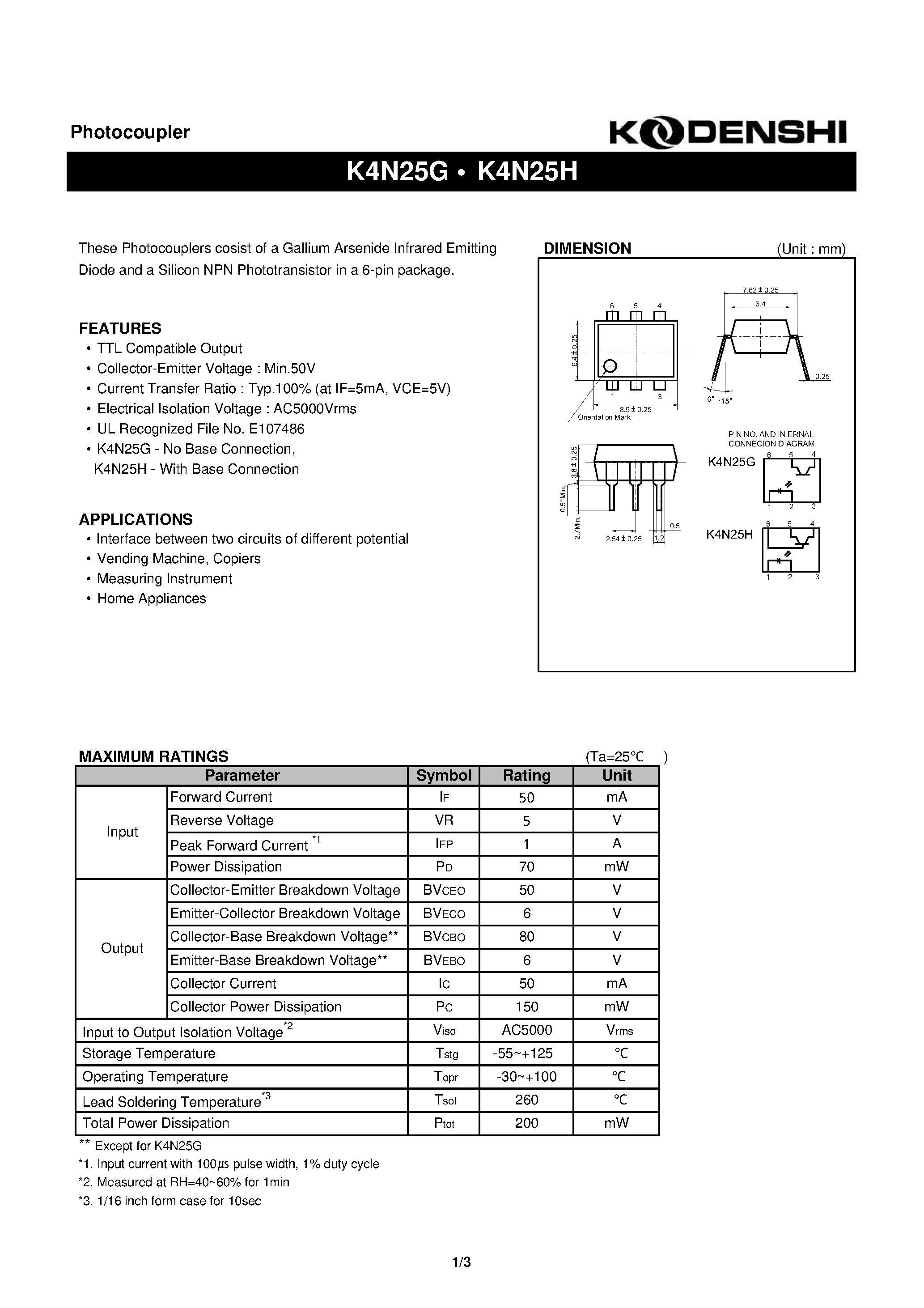 Datasheet K4N25G - Photocoupler(These Photocouplers cosist of a Gallium Arsenide Infrared Emitting) page 1