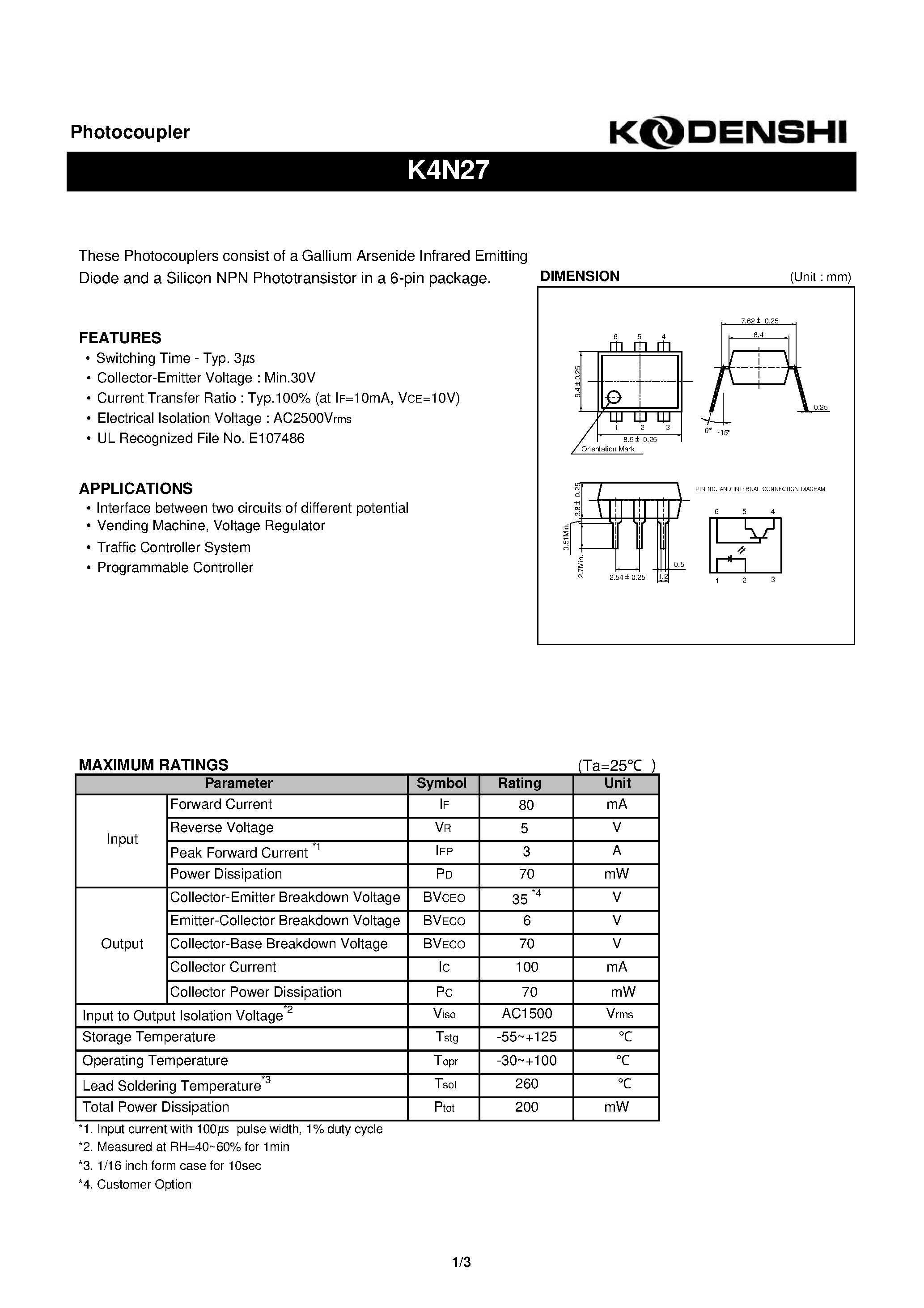 Datasheet K4N27 - Photocoupler(These Photocouplers consist of a Gallium Arsenide Infrared Emitting) page 1