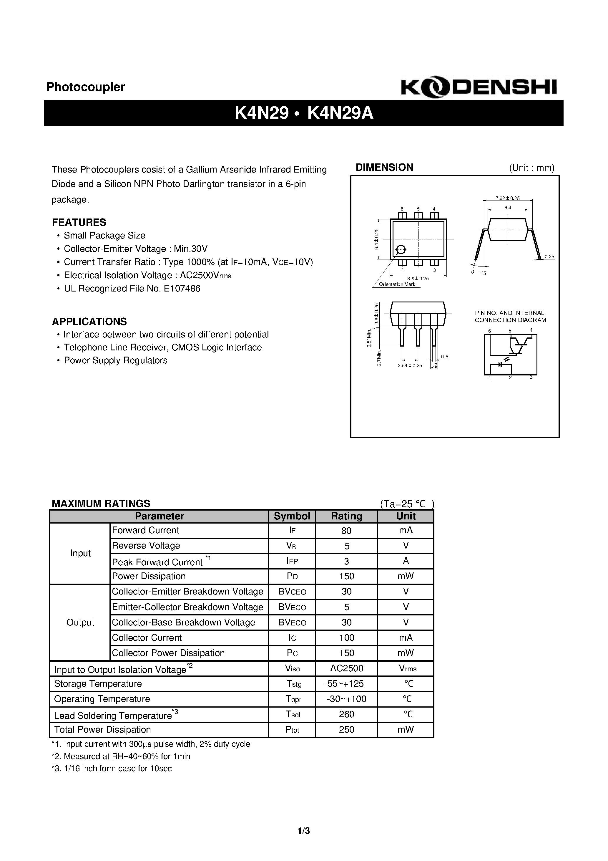 Datasheet K4N29A - Photocoupler(These Photocouplers cosist of a Gallium Arsenide Infrared Emitting) page 1