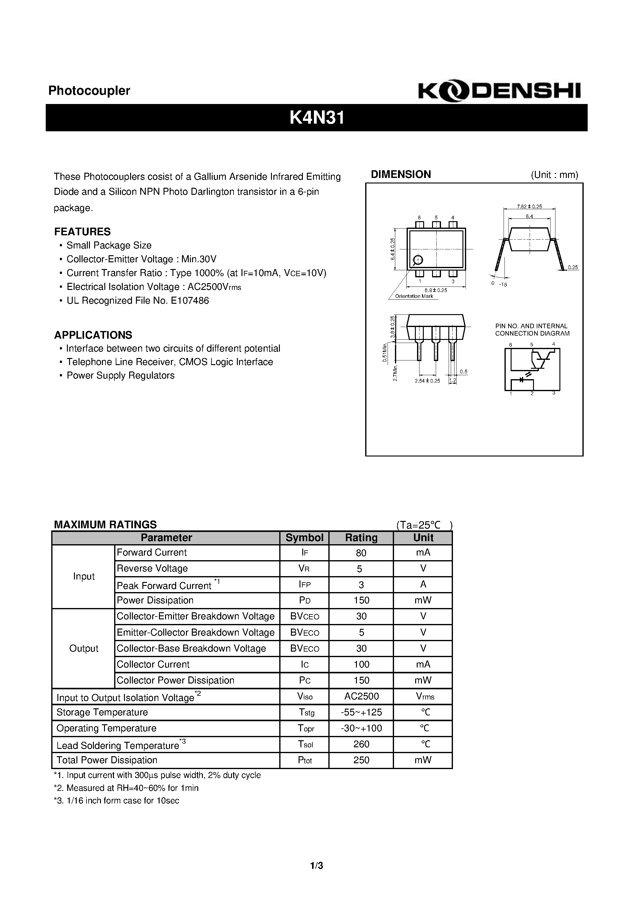Datasheet K4N31 page 1 Datasheet K4N31 - Photocoupler(These Photocouplers cosist of a Gallium Arsenide Infrared Emitting) page 1
