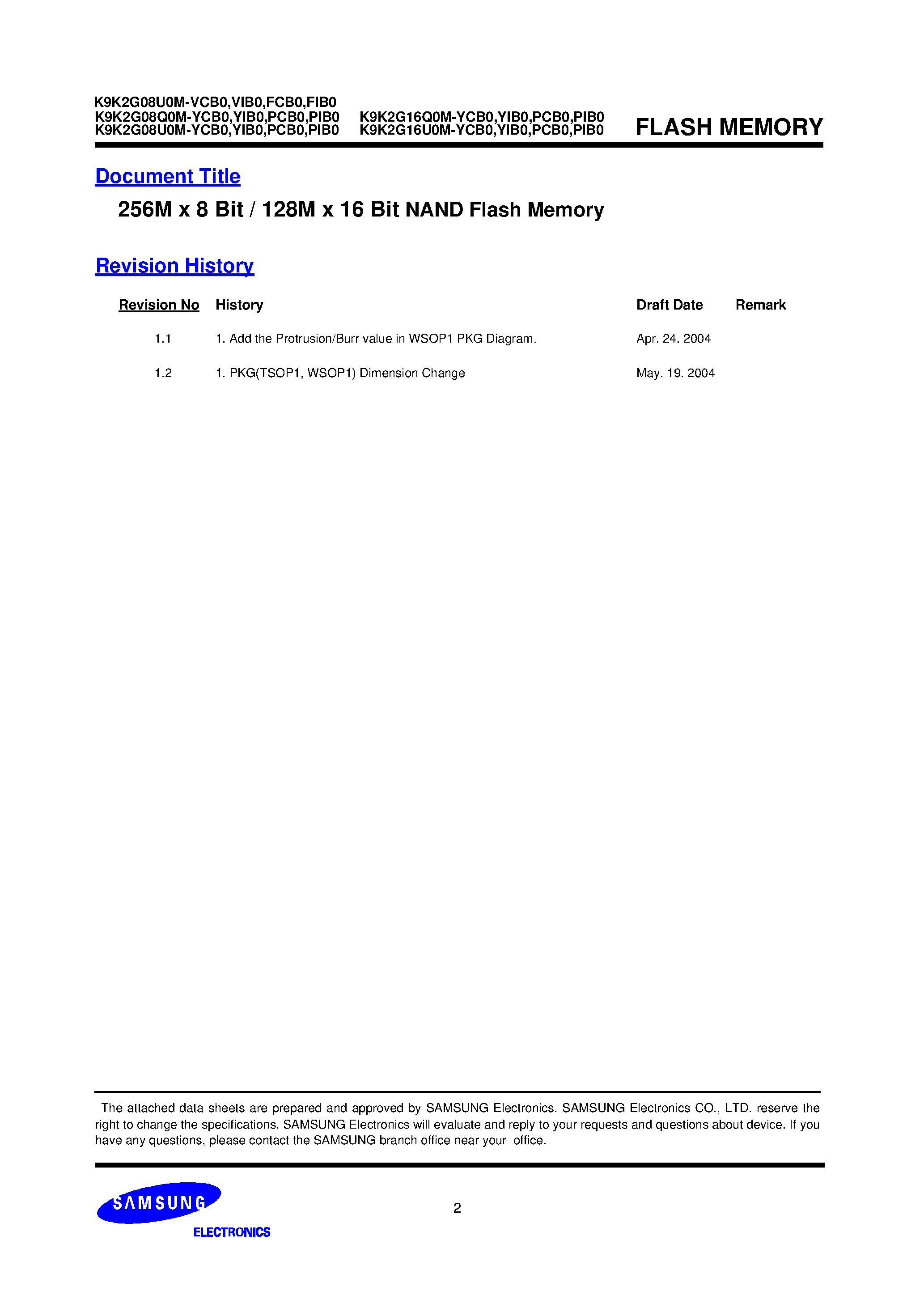 Datasheet K9K2G08U0M-VIB0 page 2 Datasheet K9K2G08U0M-VIB0 - 256M x 8 Bit / 128M x 16 Bit NAND Flash Memory page 2